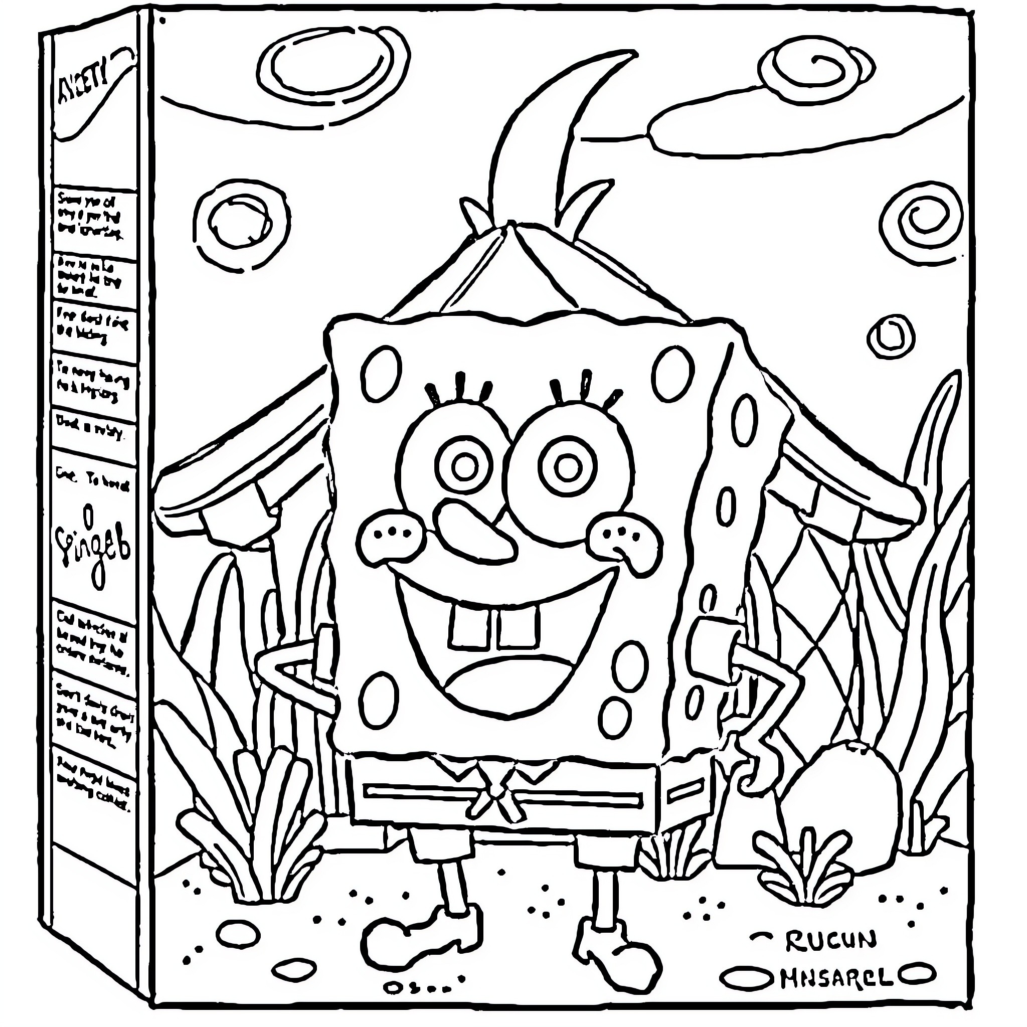 Spongebob enjoying a fun underwater adventure Coloring Page (free black-and-white line drawing printable PDF for all, from beginners to advanced learners, including children, teens, adults, and seniors)