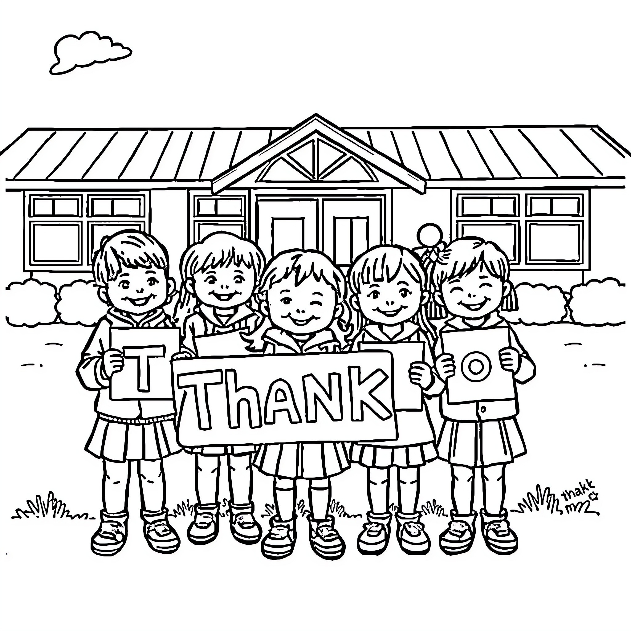 School children expressing gratitude with thank you sign Coloring Page (free black-and-white line drawing printable PDF for all, from beginners to advanced learners, including children, teens, adults, and seniors)