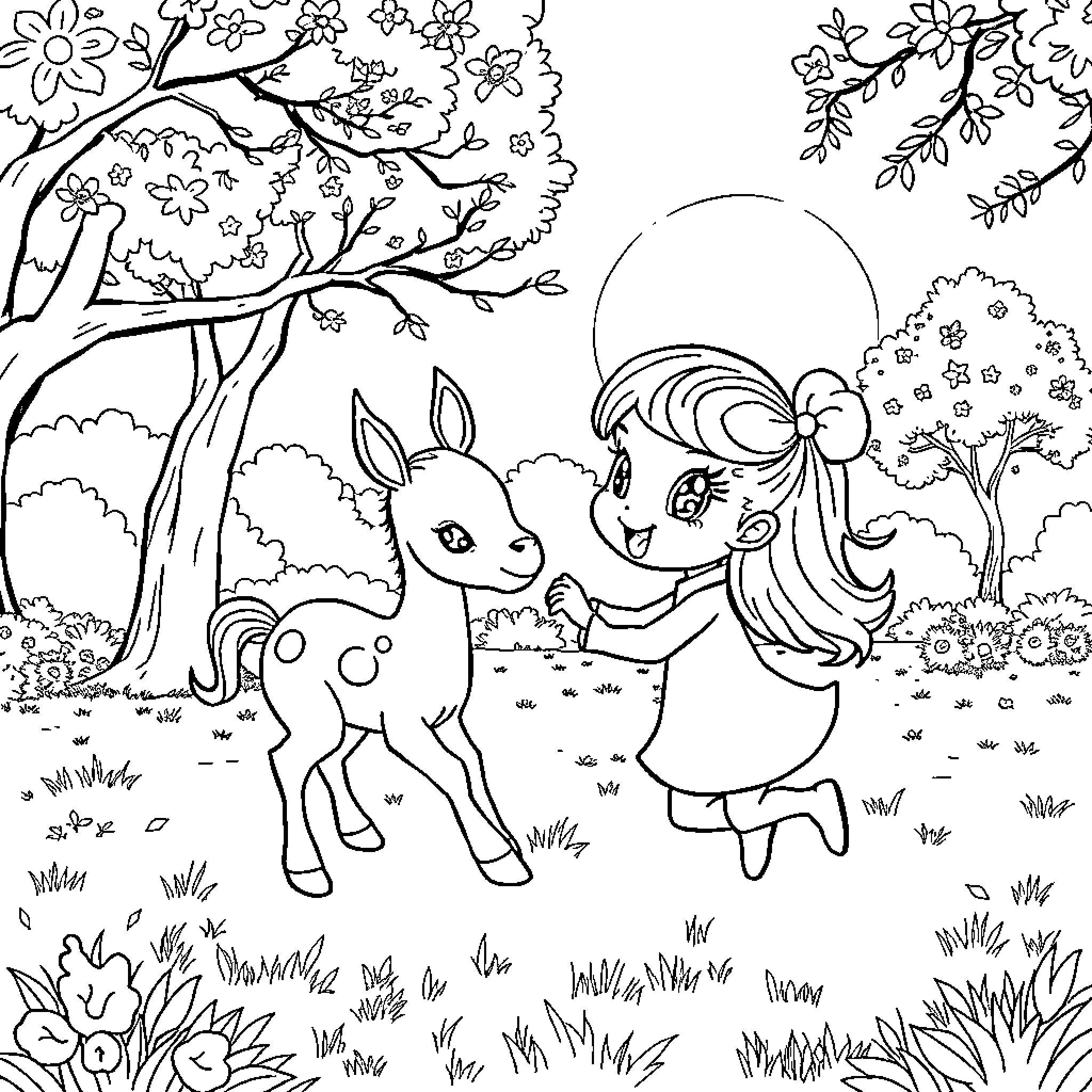 Evee's Springtime Adventure with Woodland Creatures Coloring Page (free black-and-white line drawing printable PDF for all, from beginners to advanced learners, including children, teens, adults, and seniors)