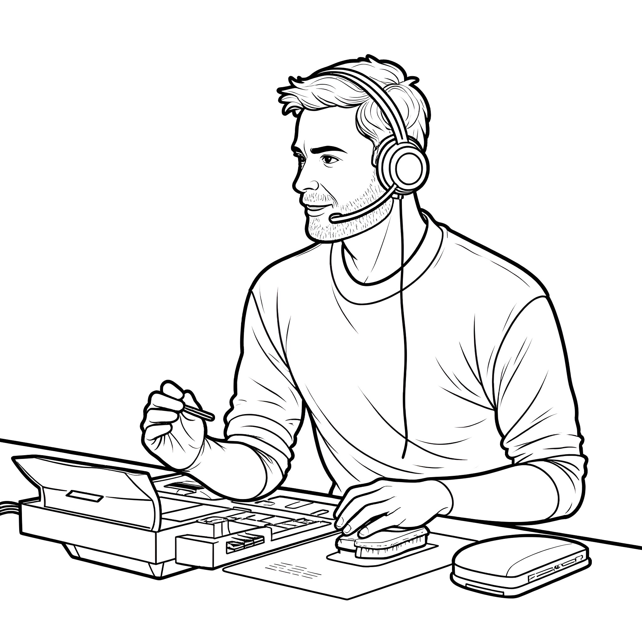 Video Engineer Working Intently at His Desk Coloring Page (free black-and-white line drawing printable PDF for all, from beginners to advanced learners, including children, teens, adults, and seniors)