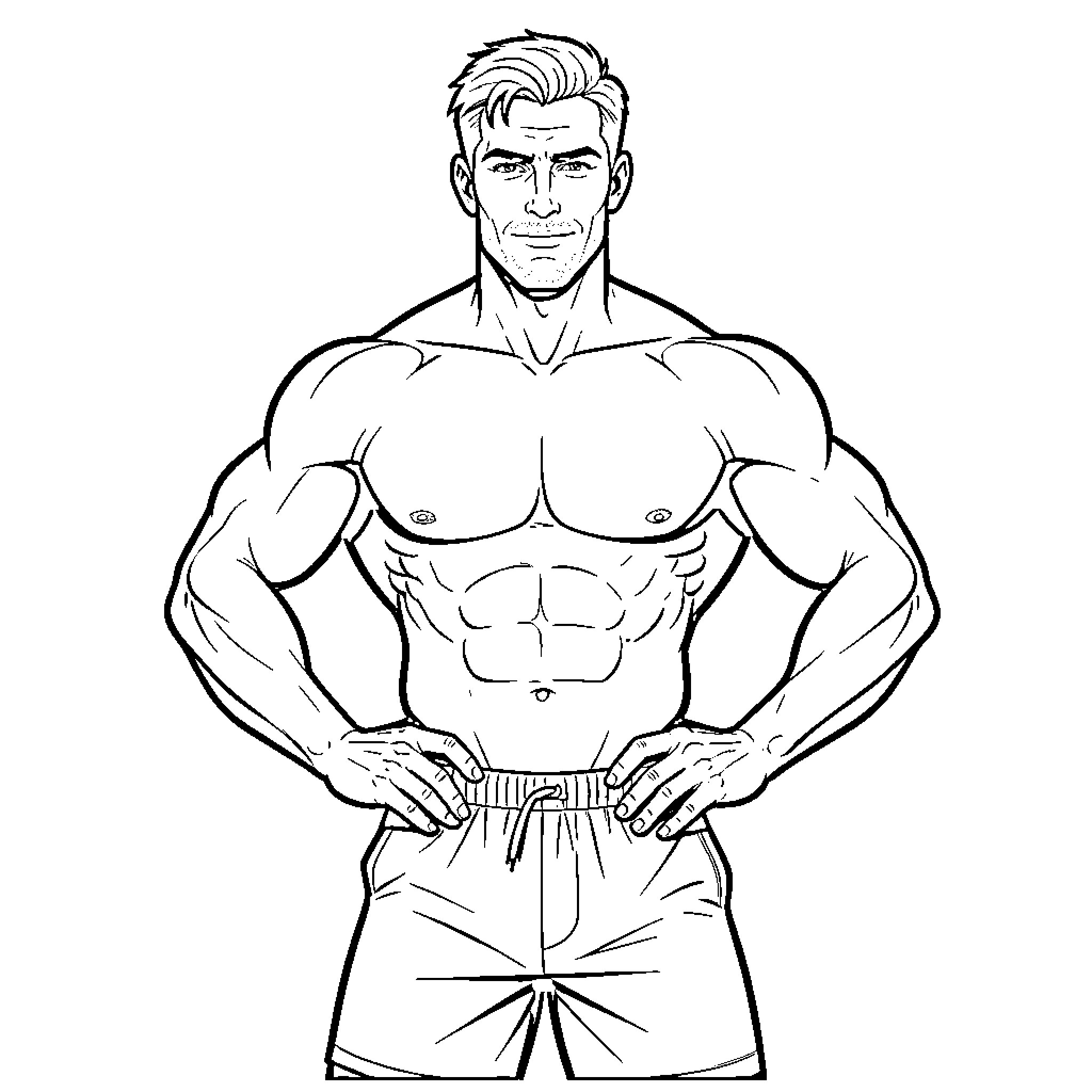 Wesley posing confidently with muscular physique and shorts Coloring Page (free black-and-white line drawing printable PDF for all, from beginners to advanced learners, including children, teens, adults, and seniors)