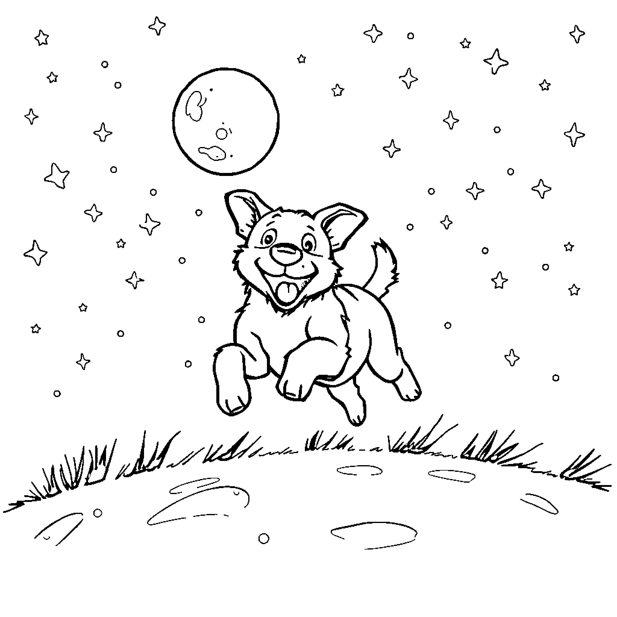 Dog playing happily in the starry night Coloring Page (free black-and-white line drawing printable PDF for all, from beginners to advanced learners, including children, teens, adults, and seniors)