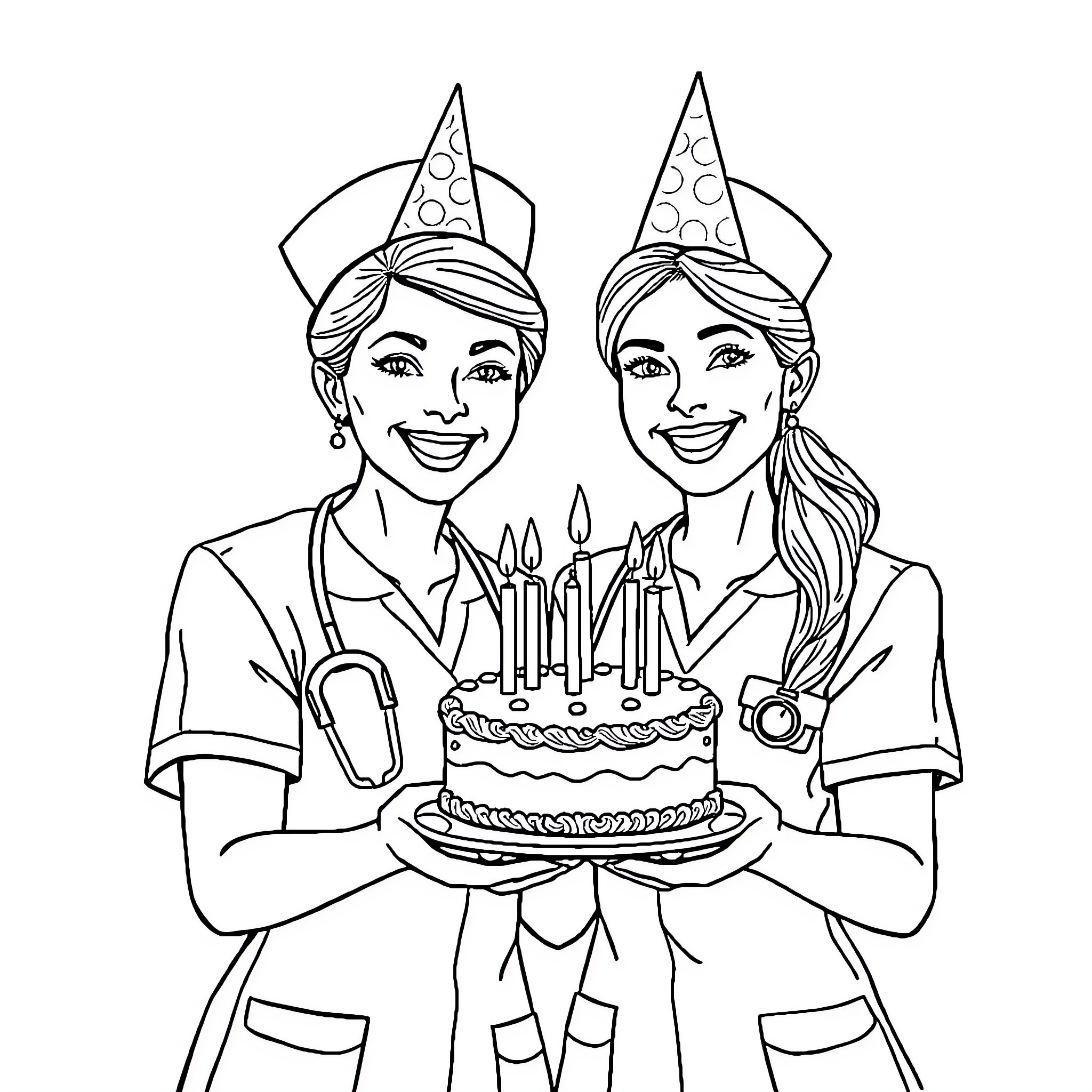 Nurse Colleagues Celebrating with Birthday Cake Coloring Page (free black-and-white line drawing printable PDF for all, from beginners to advanced learners, including children, teens, adults, and seniors)