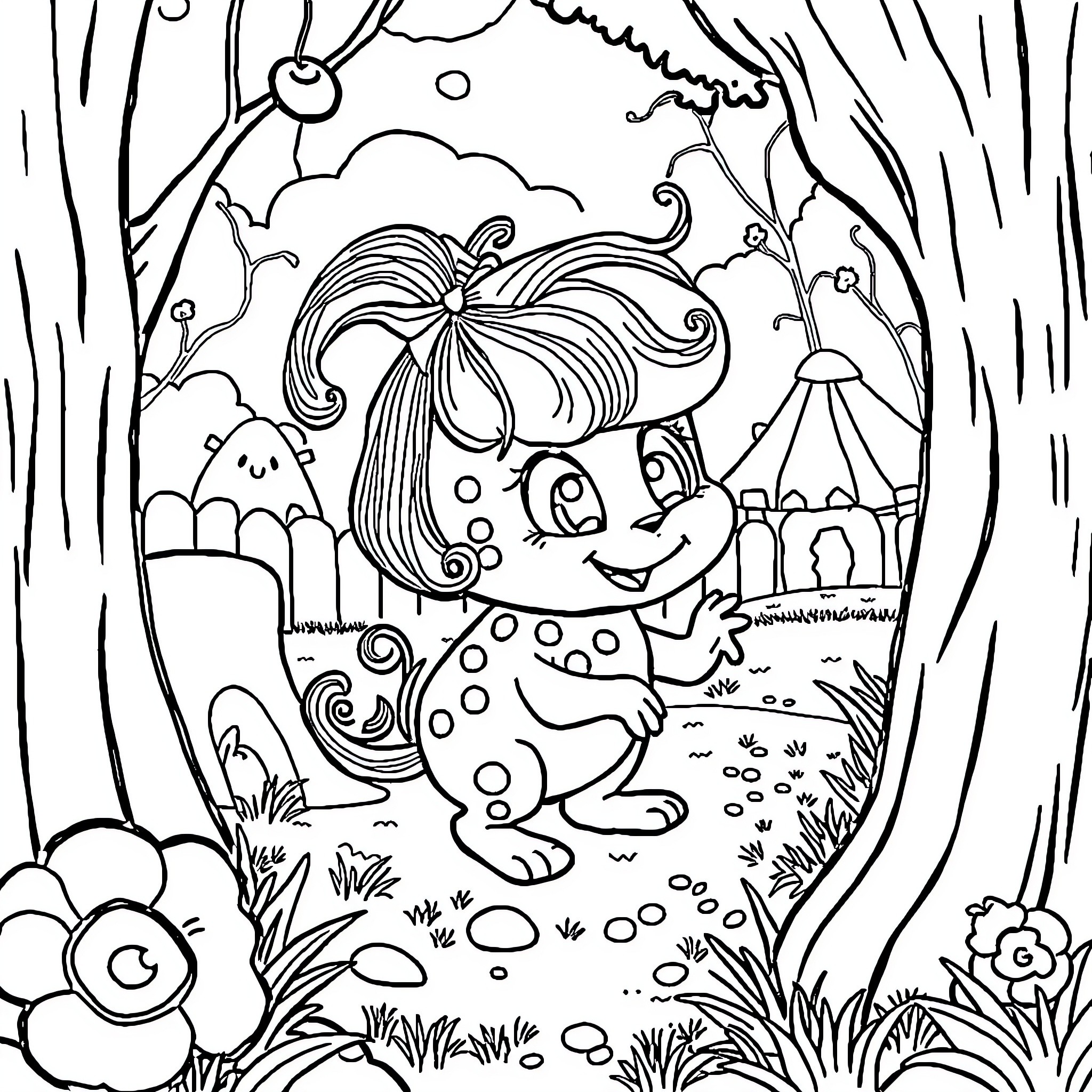 Sprunki's Whimsical Adventure in the Enchanted Forest Coloring Page (free black-and-white line drawing printable PDF for all, from beginners to advanced learners, including children, teens, adults, and seniors)