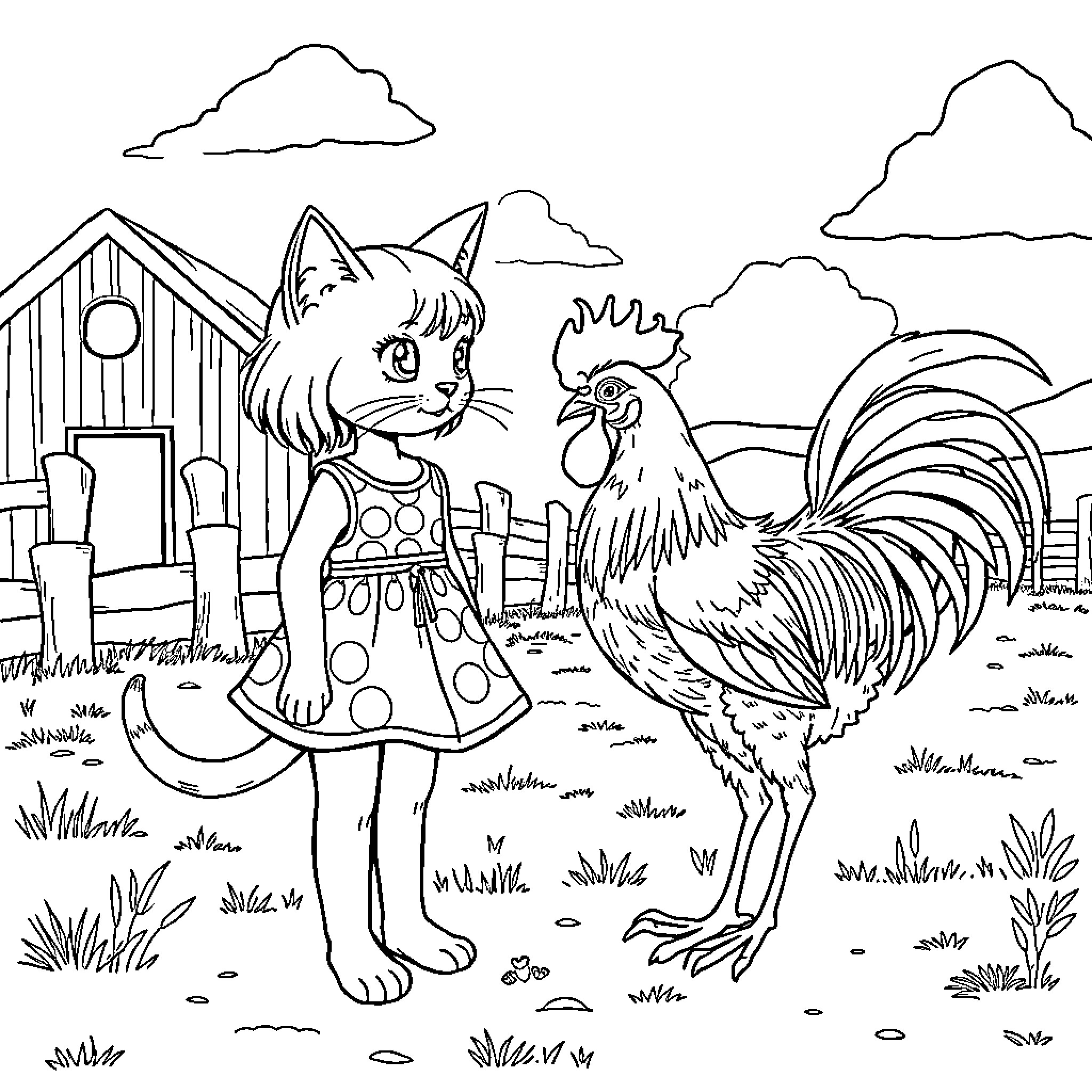 Cat girl and Rooster playing on the farm Coloring Page (free black-and-white line drawing printable PDF for all, from beginners to advanced learners, including children, teens, adults, and seniors)
