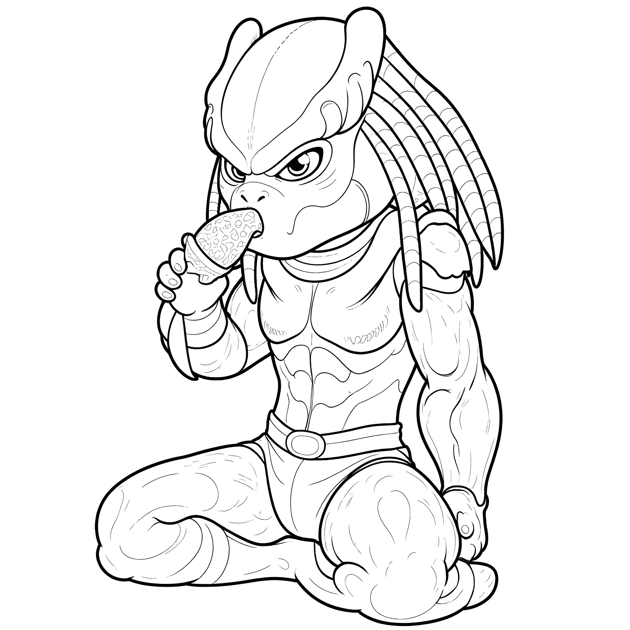 Predator alien warrior in combat stance Coloring Page (free black-and-white line drawing printable PDF for all, from beginners to advanced learners, including children, teens, adults, and seniors)