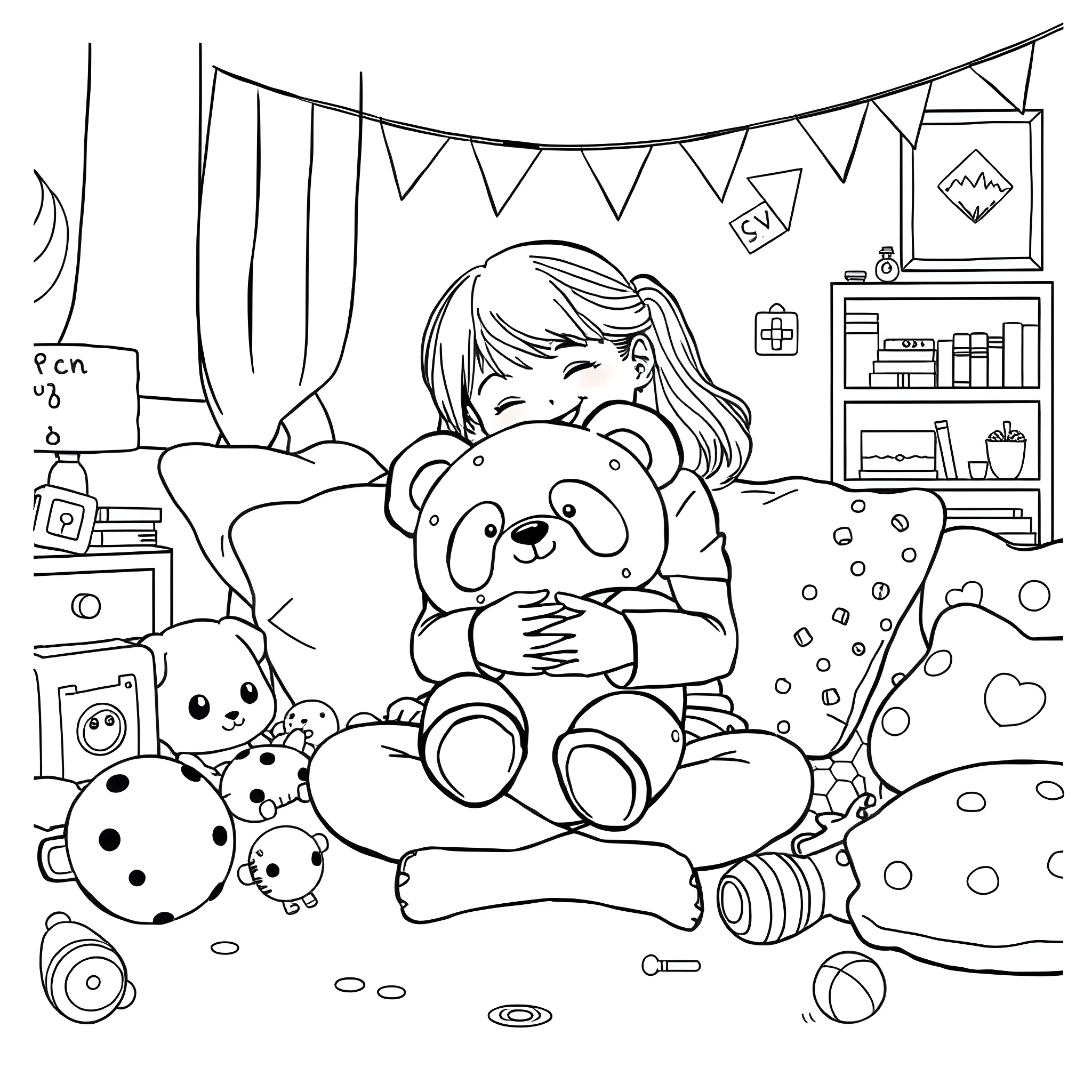 Girl playing with stuffed animals in her room Coloring Page (free black-and-white line drawing printable PDF for all, from beginners to advanced learners, including children, teens, adults, and seniors)