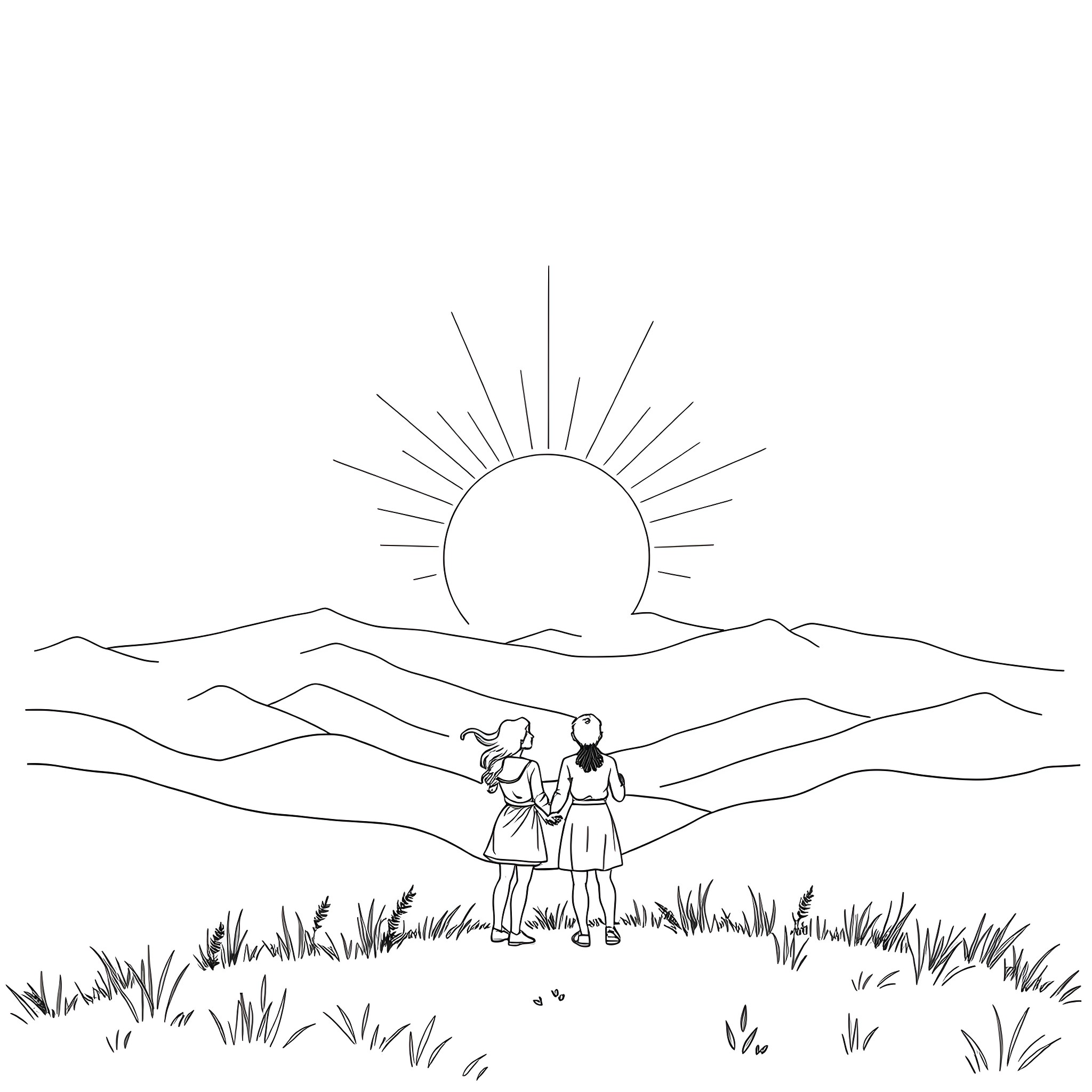 Bible Verse: Two persons walking towards the sun in a scenic landscape Coloring Page (free black-and-white line drawing printable PDF for all, from beginners to advanced learners, including children, teens, adults, and seniors)
