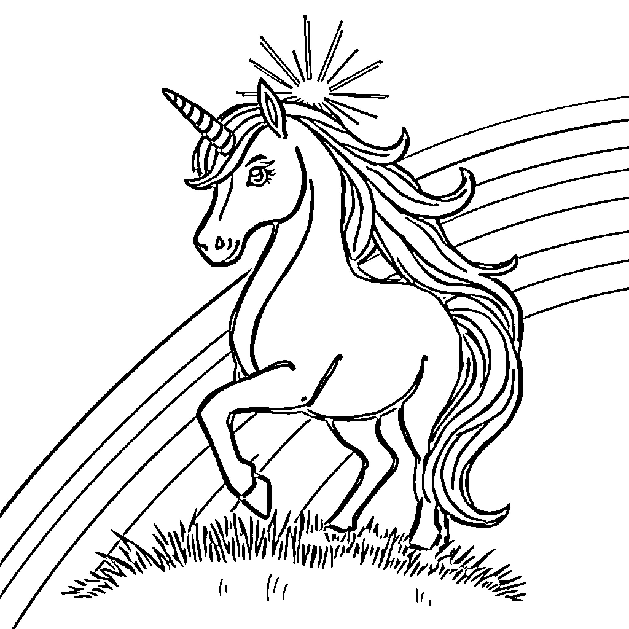 Unicorn prancing through a magical landscape Coloring Page (free black-and-white line drawing printable PDF for all, from beginners to advanced learners, including children, teens, adults, and seniors)