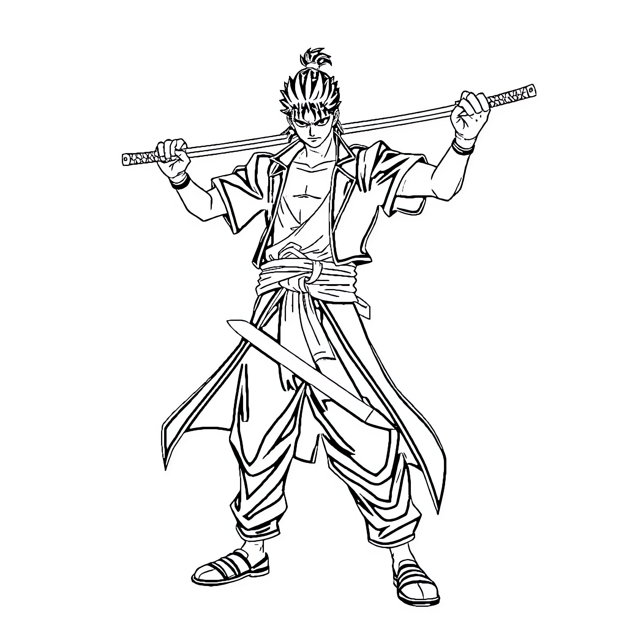 Roronoa Zoro Wielding Swords with Determination Coloring Page (free black-and-white line drawing printable PDF for all, from beginners to advanced learners, including children, teens, adults, and seniors)