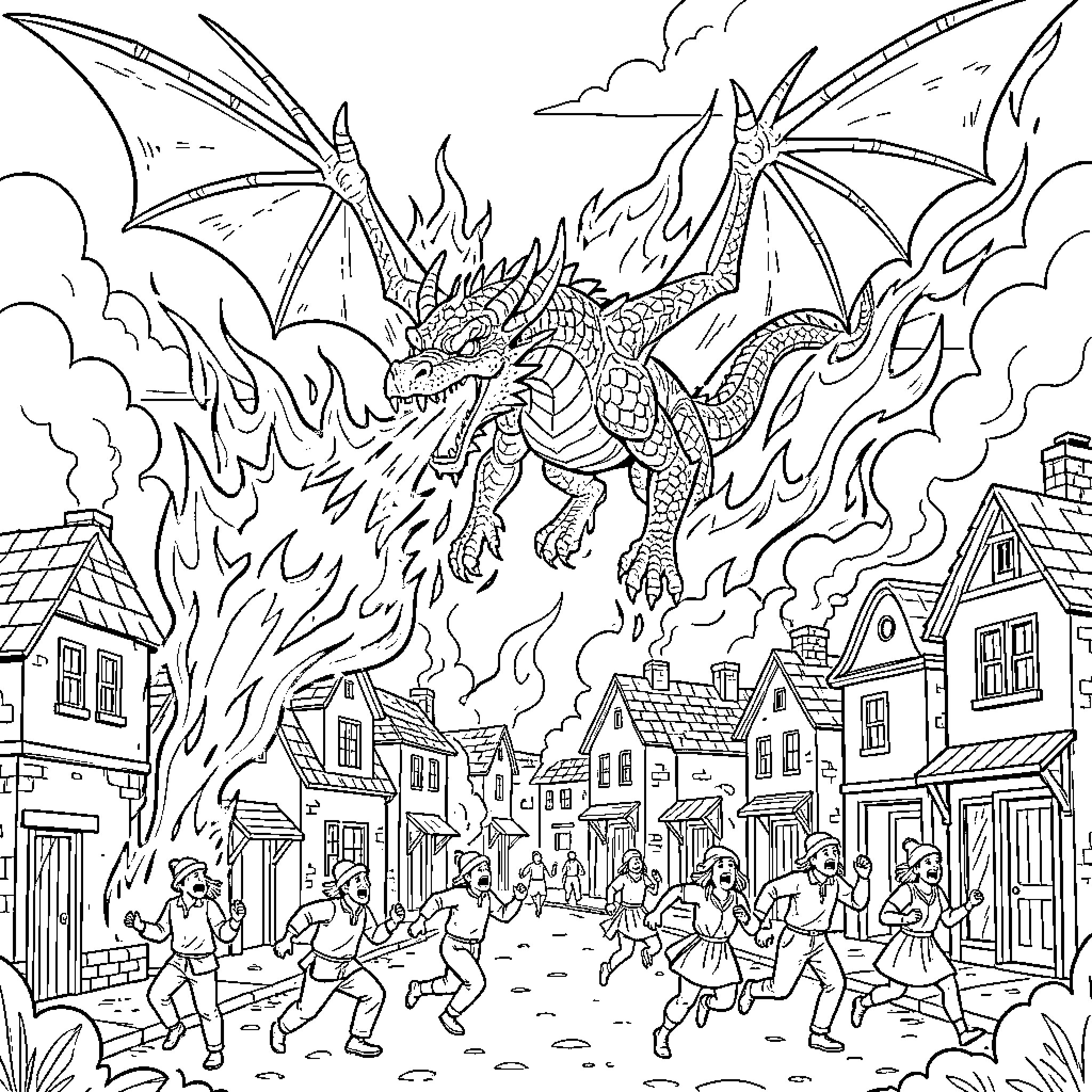 Dragon Wreaking Havoc in a Town Coloring Page (free black-and-white line drawing printable PDF for all, from beginners to advanced learners, including children, teens, adults, and seniors)