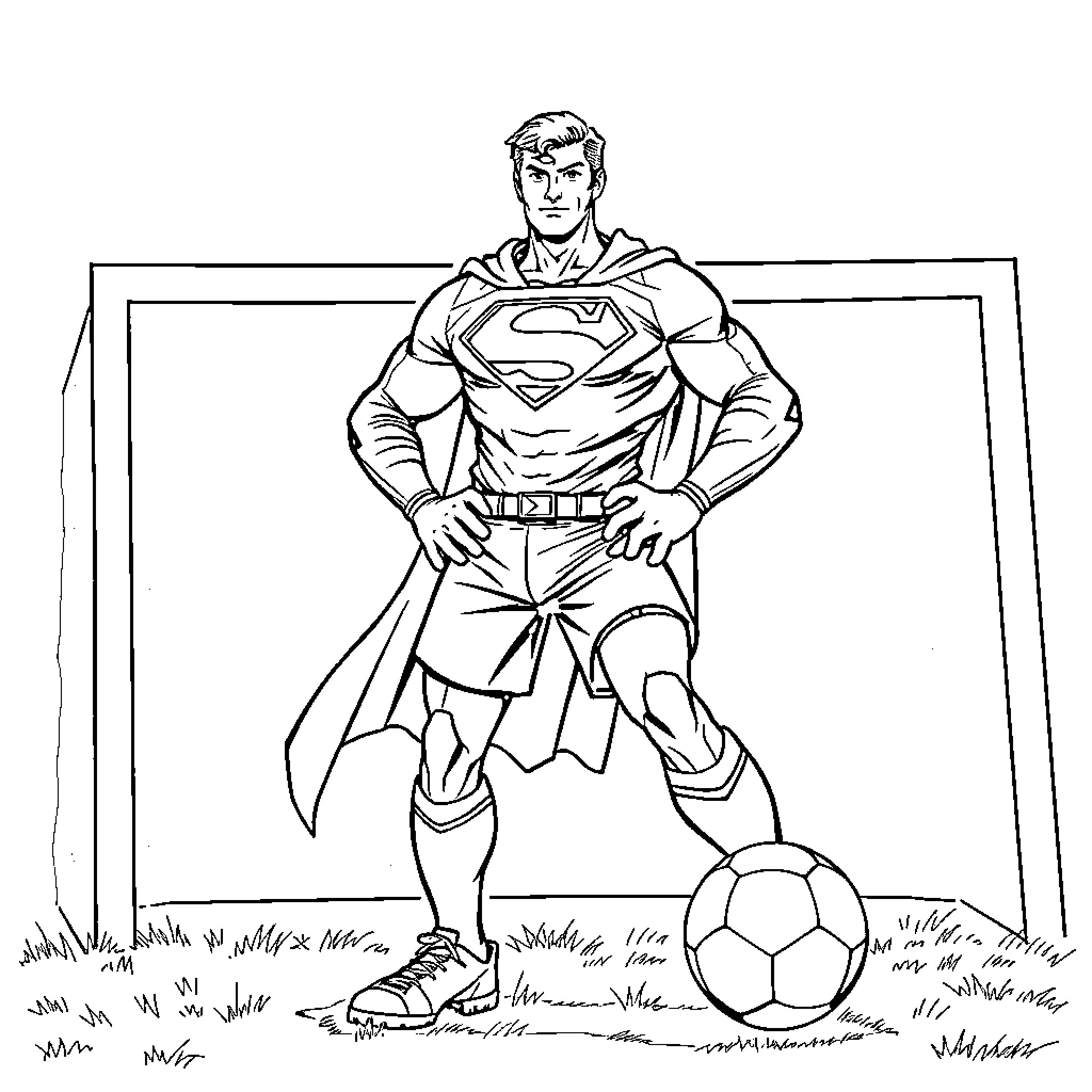 Superman posing confidently with a soccer ball Coloring Page (free black-and-white line drawing printable PDF for all, from beginners to advanced learners, including children, teens, adults, and seniors)