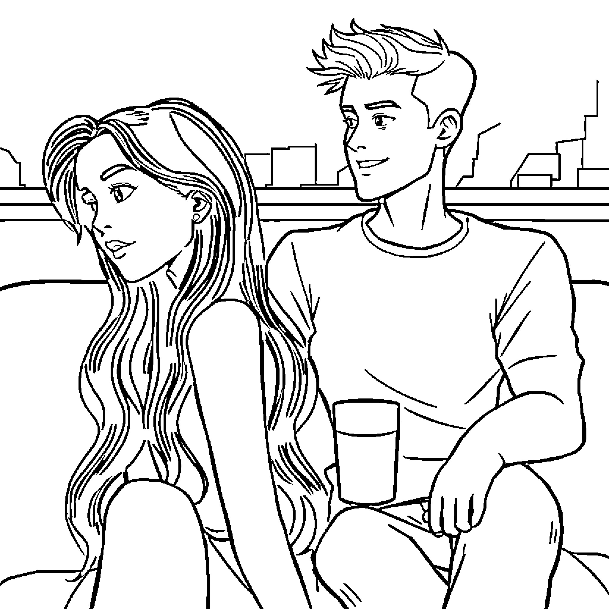 Girl and guy together in the city Coloring Page (free black-and-white line drawing printable PDF for all, from beginners to advanced learners, including children, teens, adults, and seniors)