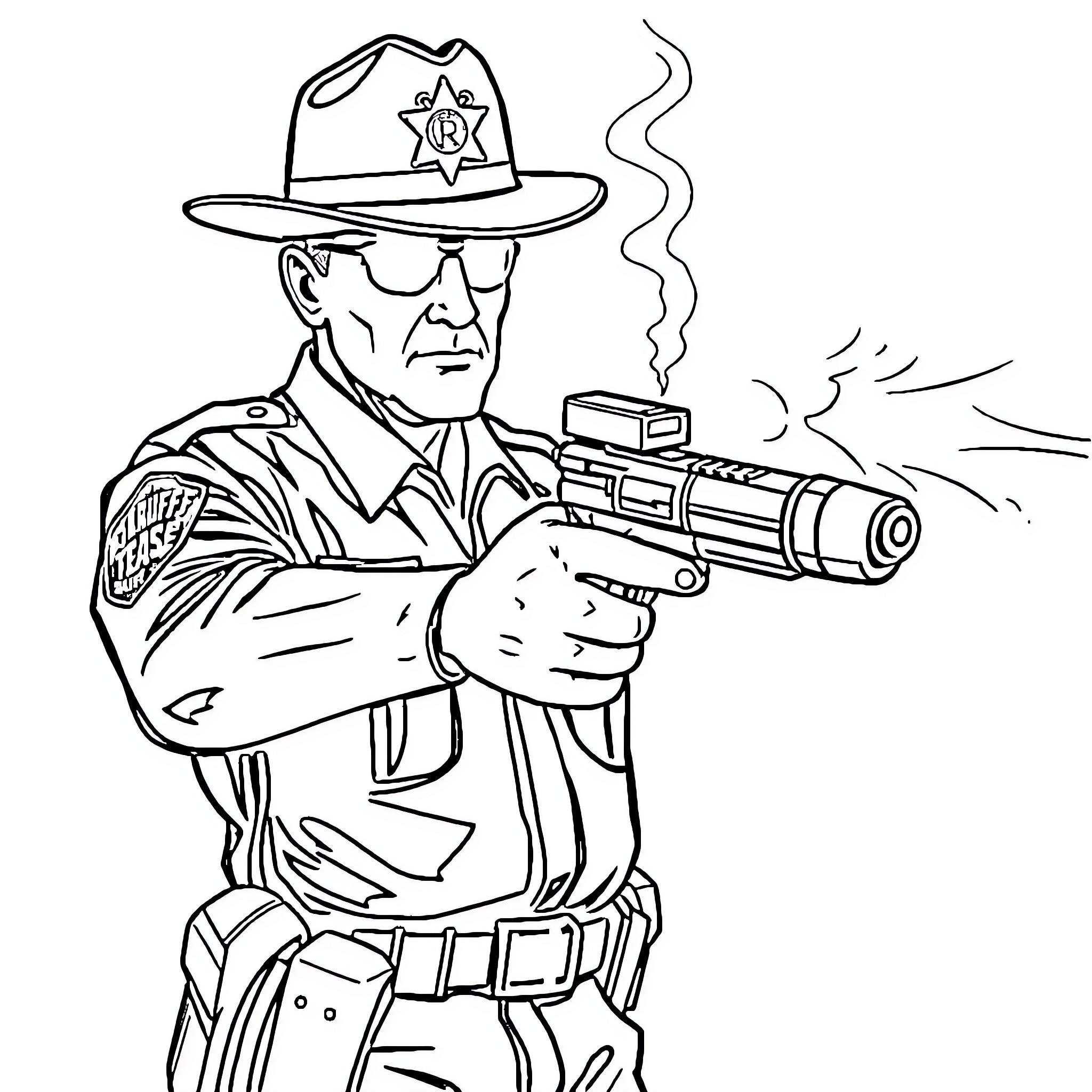 Sheriff aiming revolver in action scene Coloring Page (free black-and-white line drawing printable PDF for all, from beginners to advanced learners, including children, teens, adults, and seniors)