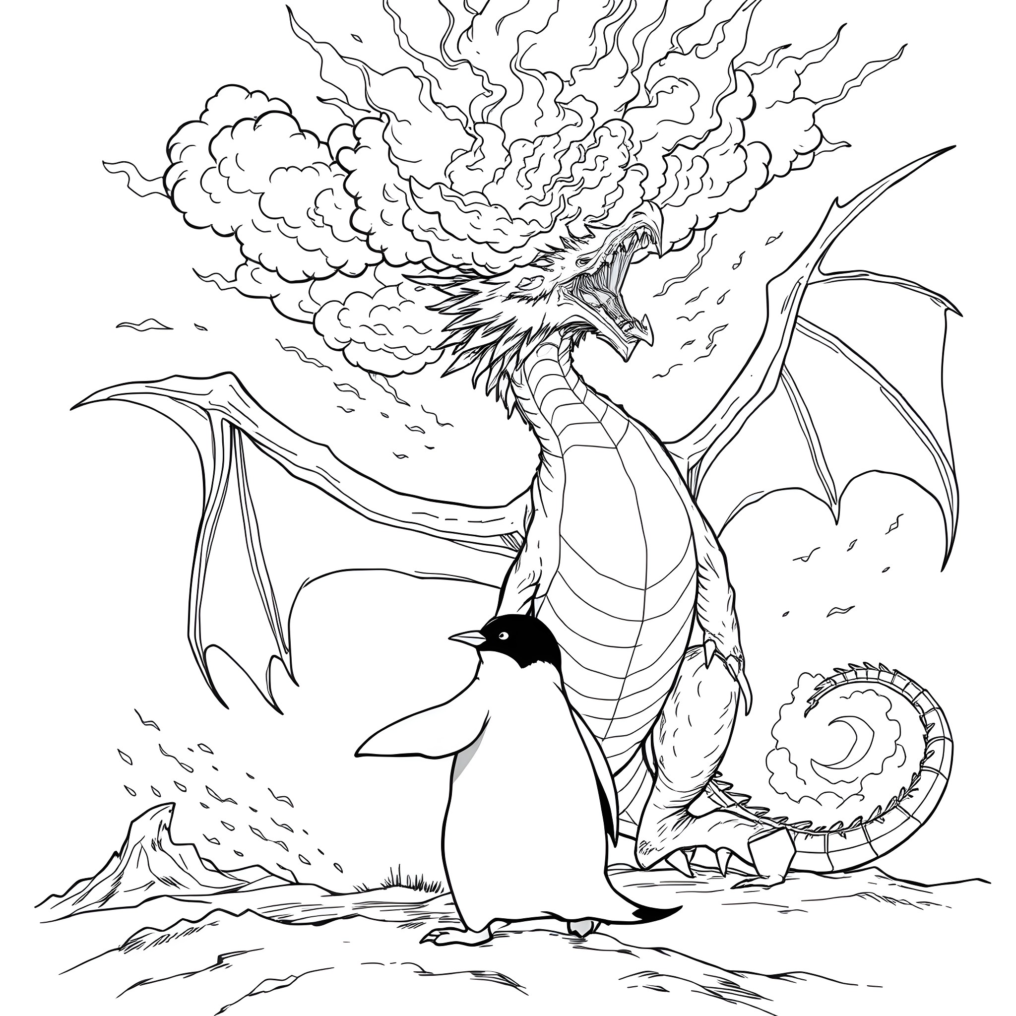 Penguin and Majestic Dragon in Dramatic Landscape Coloring Page (free black-and-white line drawing printable PDF for all, from beginners to advanced learners, including children, teens, adults, and seniors)