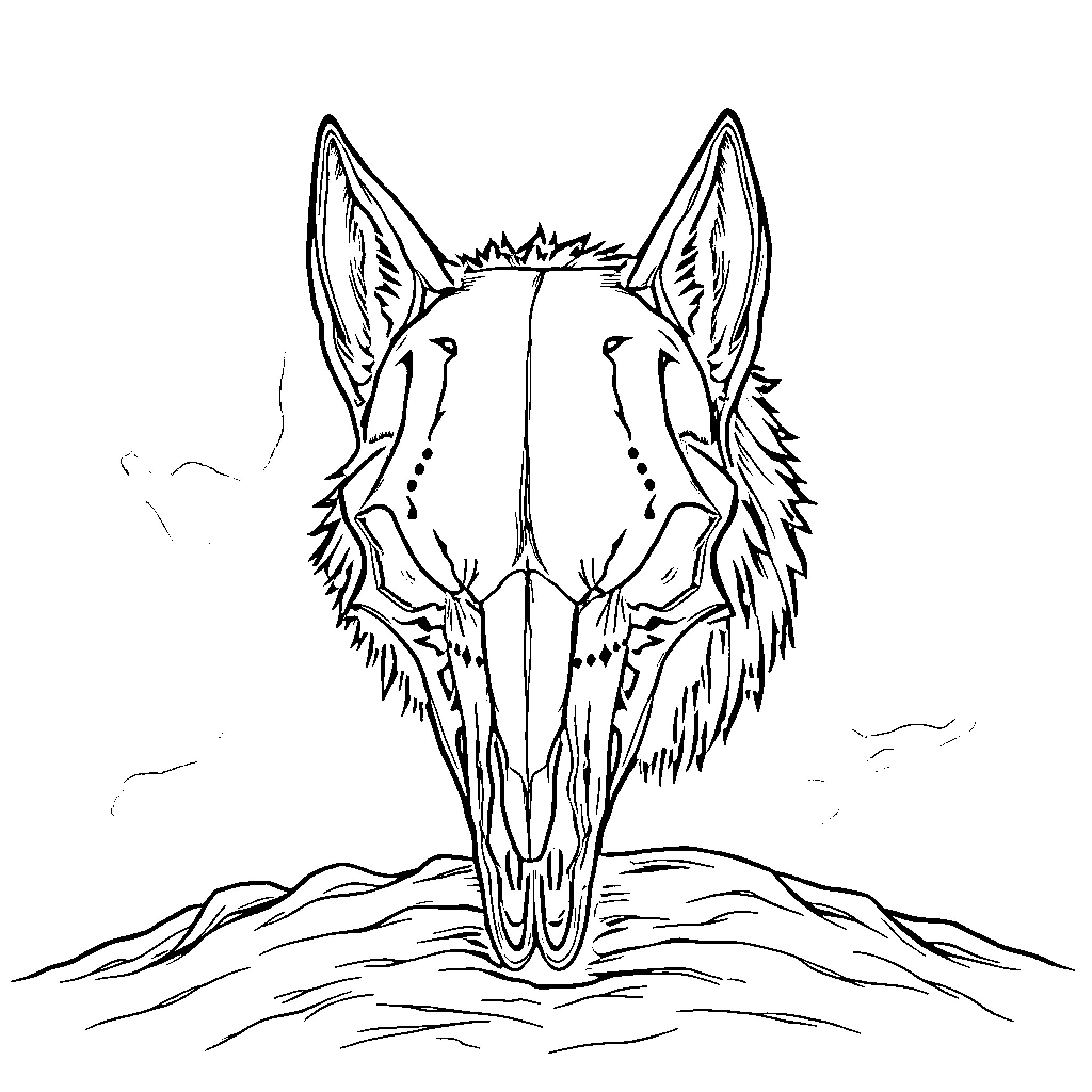 Wolf skeleton emerging from the ground Coloring Page (free black-and-white line drawing printable PDF for all, from beginners to advanced learners, including children, teens, adults, and seniors)