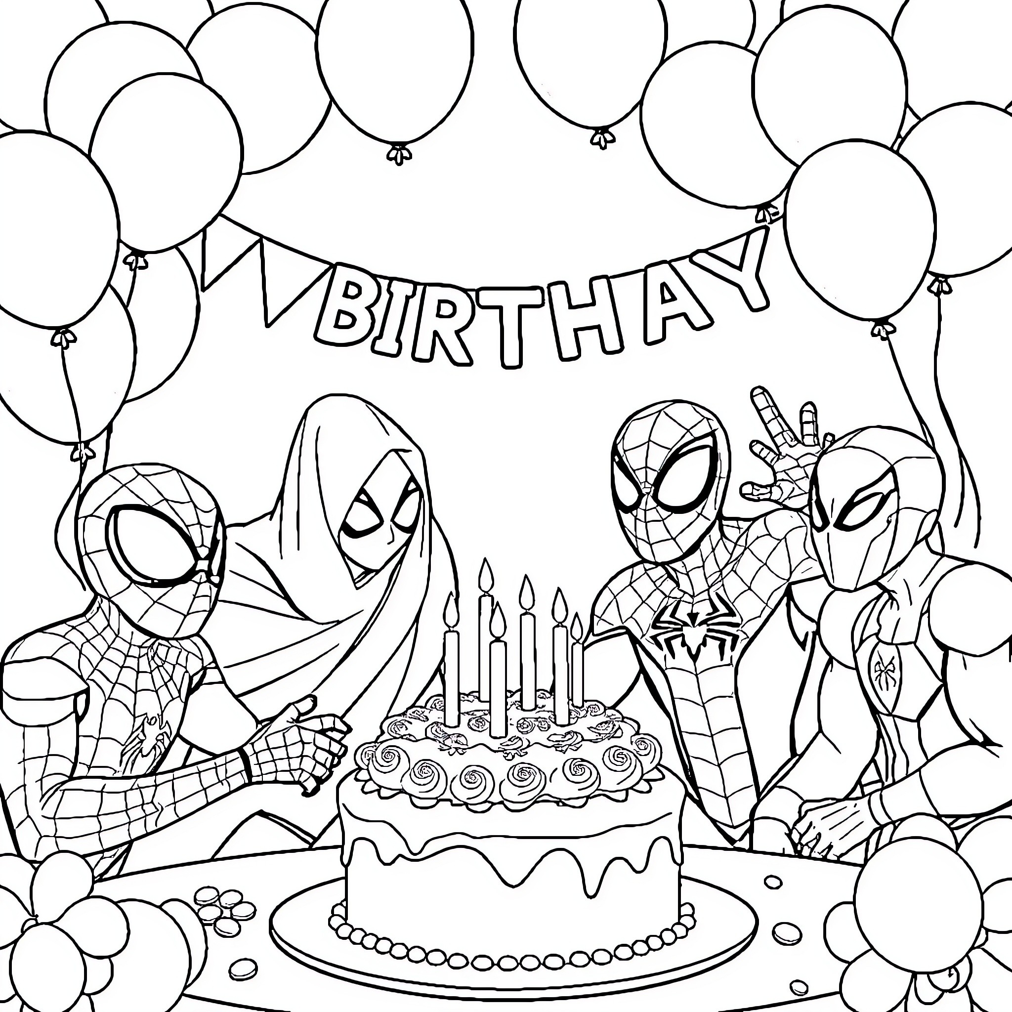 Spidey's Birthday Celebration with Superheroes Coloring Page (free black-and-white line drawing printable PDF for all, from beginners to advanced learners, including children, teens, adults, and seniors)