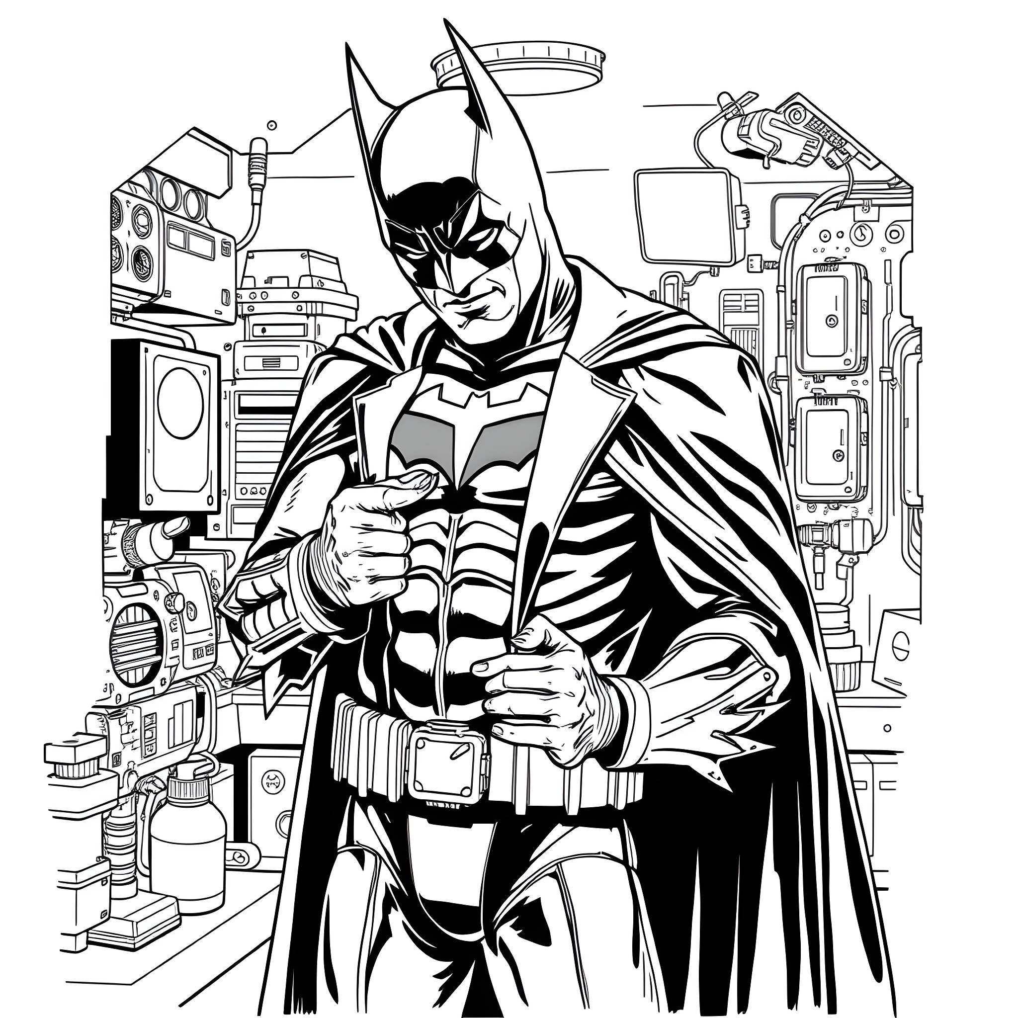 Levi's Heroic Deeds in the Technological Lair Coloring Page (free black-and-white line drawing printable PDF for all, from beginners to advanced learners, including children, teens, adults, and seniors)