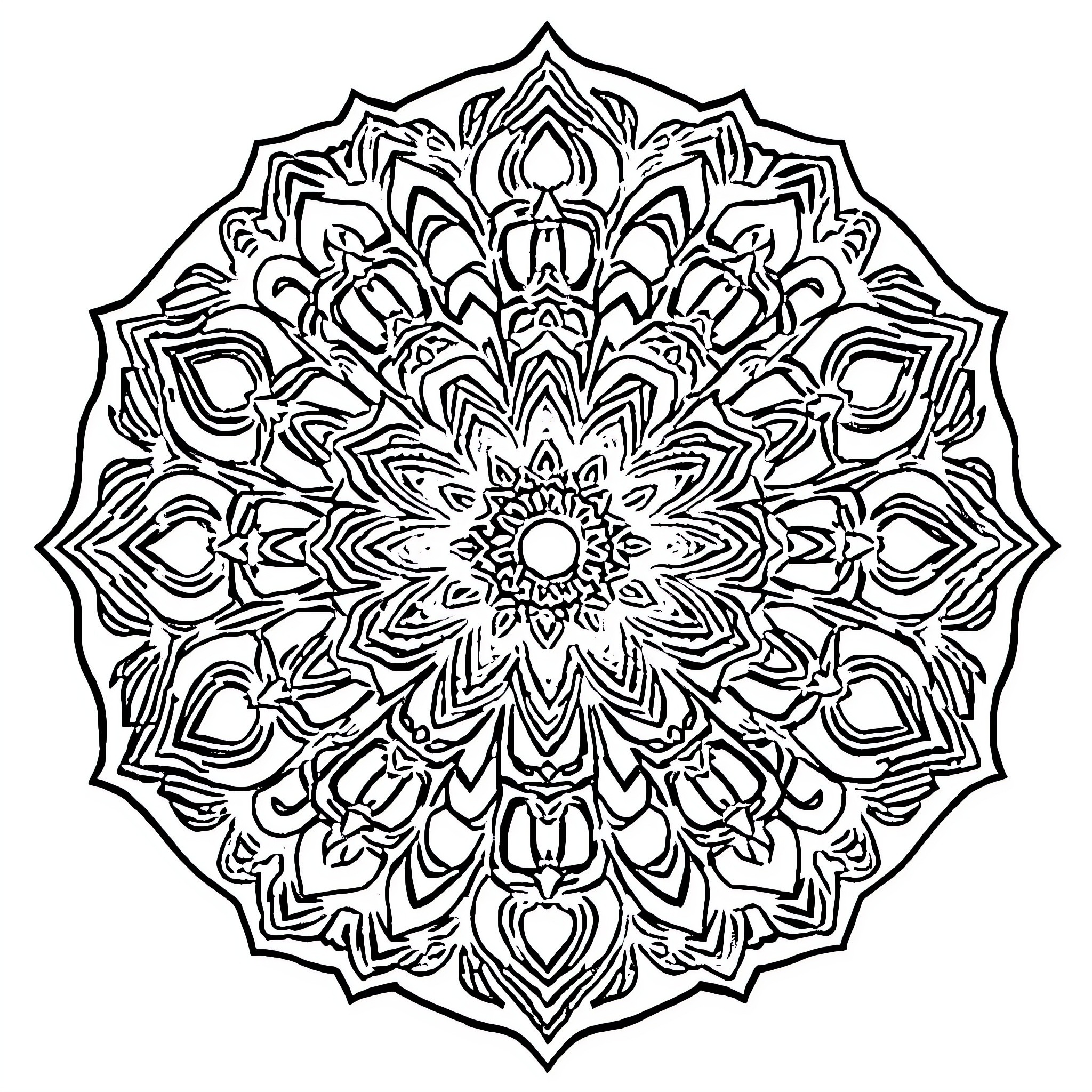 Mandala of intricate symmetrical patterns Coloring Page (free black-and-white line drawing printable PDF for all, from beginners to advanced learners, including children, teens, adults, and seniors)