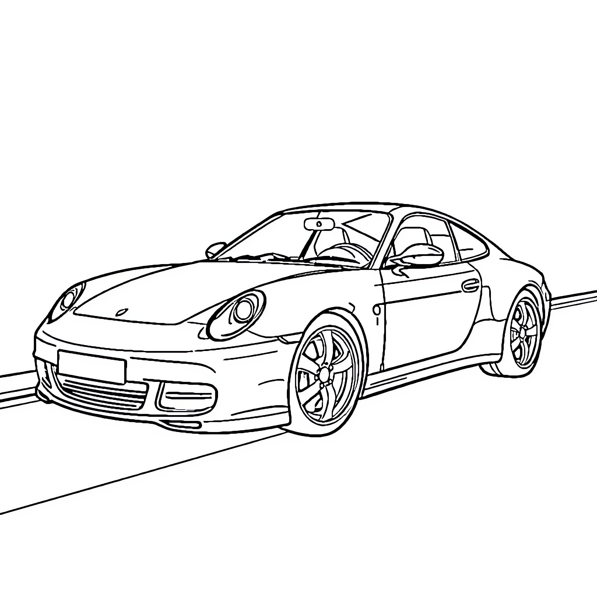 Car on the road with distinctive design Coloring Page (free black-and-white line drawing printable PDF for all, from beginners to advanced learners, including children, teens, adults, and seniors)