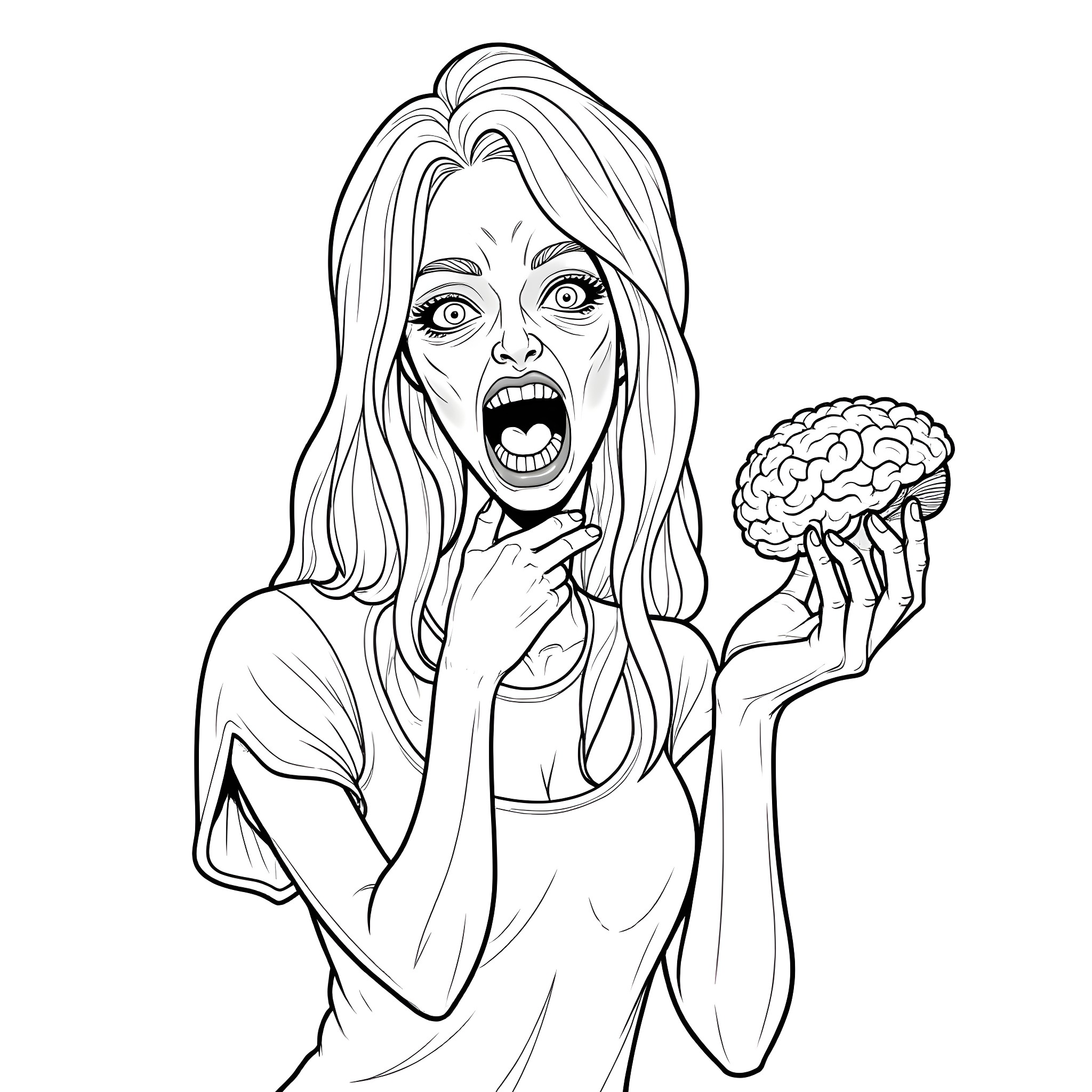 Zombie woman horrified by brain Coloring Page (free black-and-white line drawing printable PDF for all, from beginners to advanced learners, including children, teens, adults, and seniors)