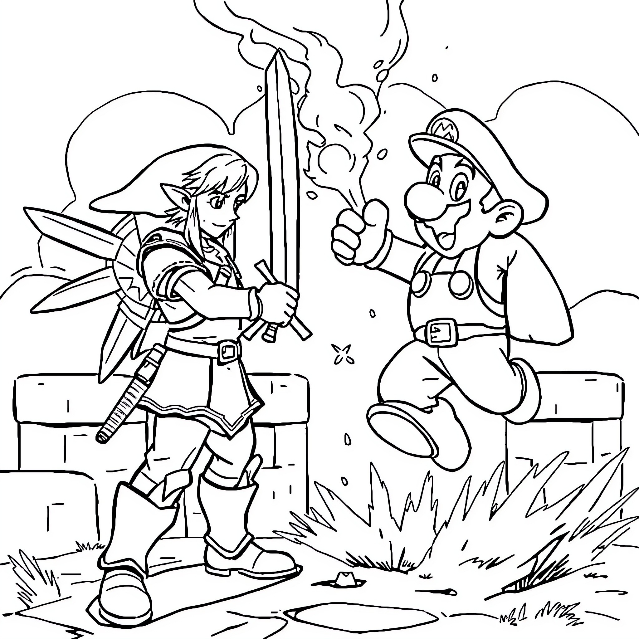 Link and Mario in an Adventure Scene Coloring Page (free black-and-white line drawing printable PDF for all, from beginners to advanced learners, including children, teens, adults, and seniors)