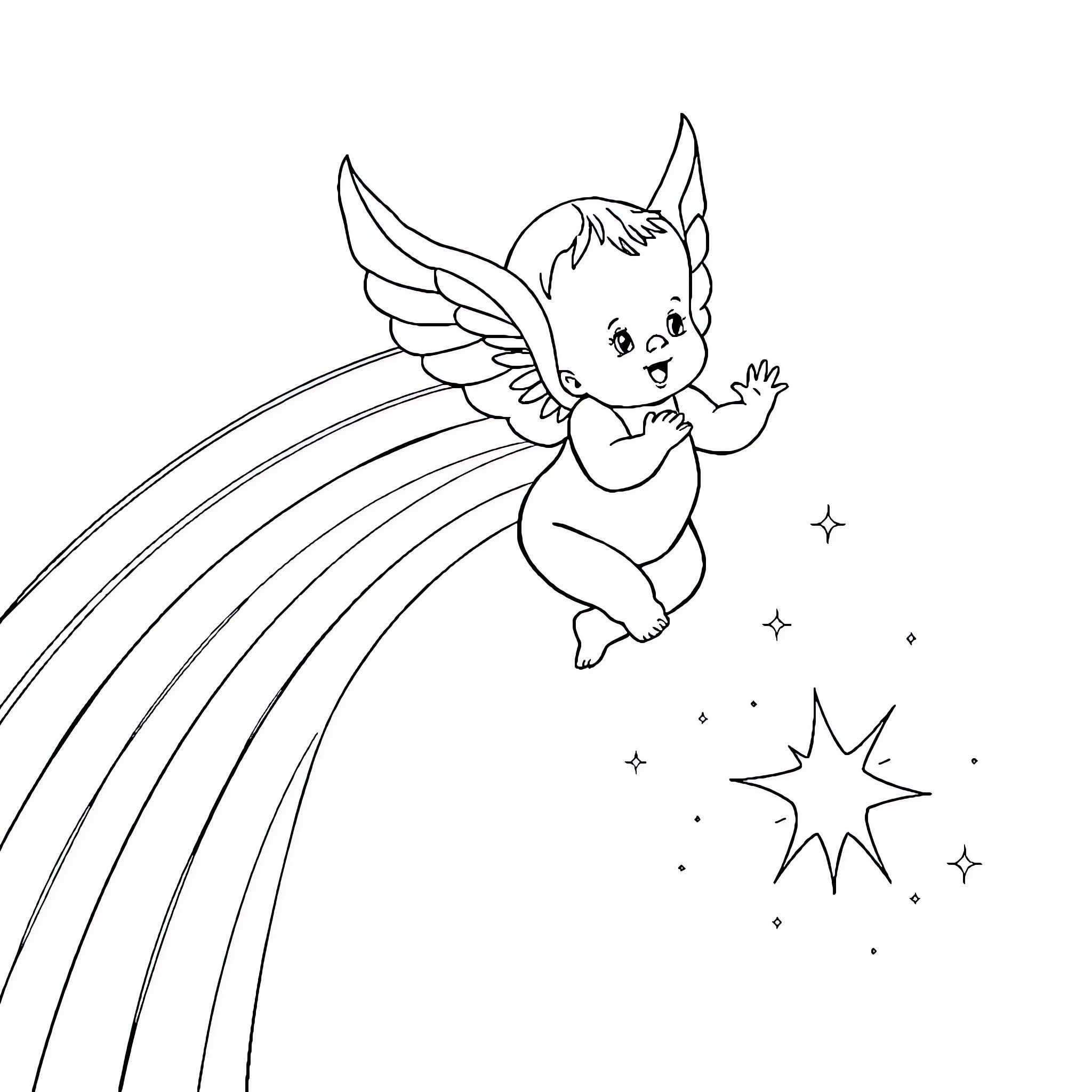 Baby angel soaring through the stars Coloring Page (free black-and-white line drawing printable PDF for all, from beginners to advanced learners, including children, teens, adults, and seniors)