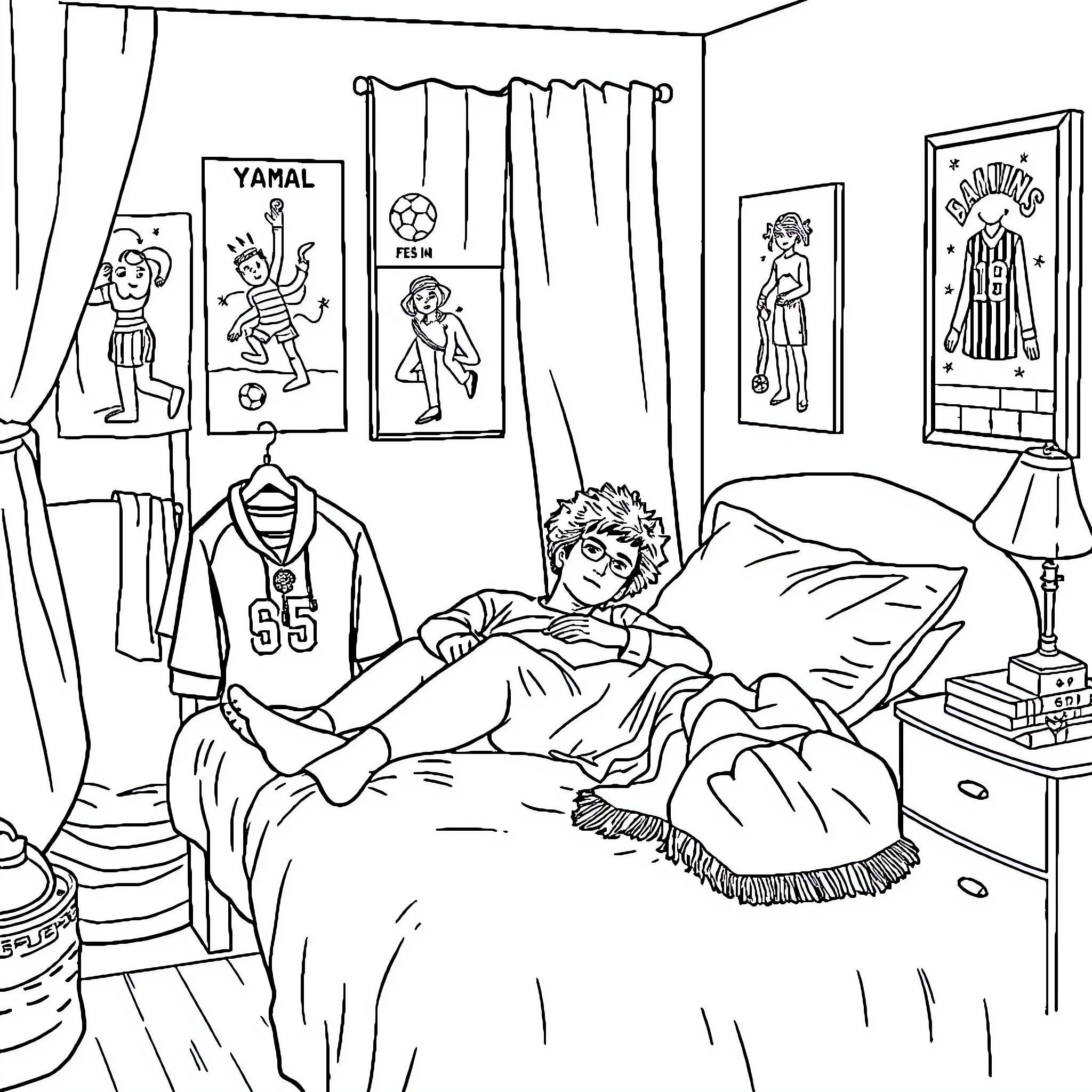 Lamine Yamal relaxing in his bedroom with posters Coloring Page (free black-and-white line drawing printable PDF for all, from beginners to advanced learners, including children, teens, adults, and seniors)