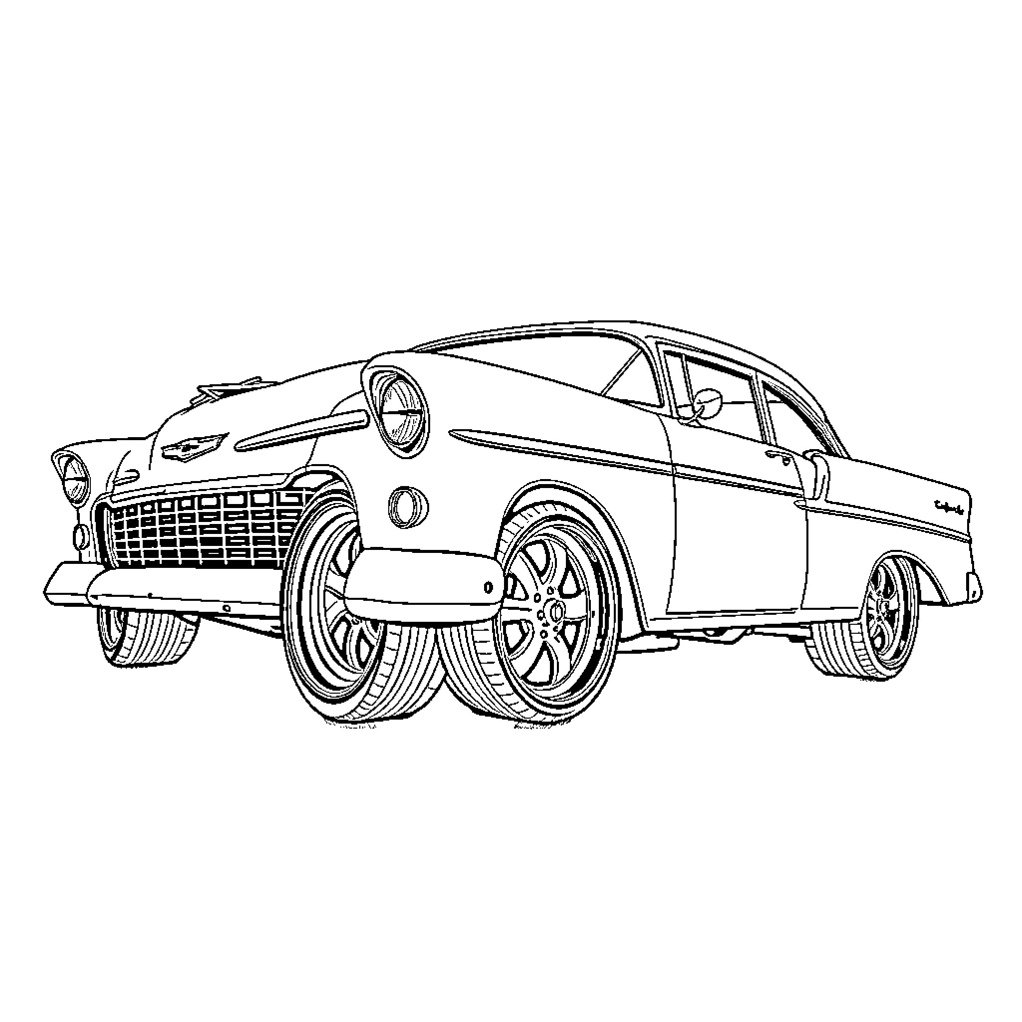 Chevy classic car with custom wheels and details Coloring Page (free black-and-white line drawing printable PDF for all, from beginners to advanced learners, including children, teens, adults, and seniors)