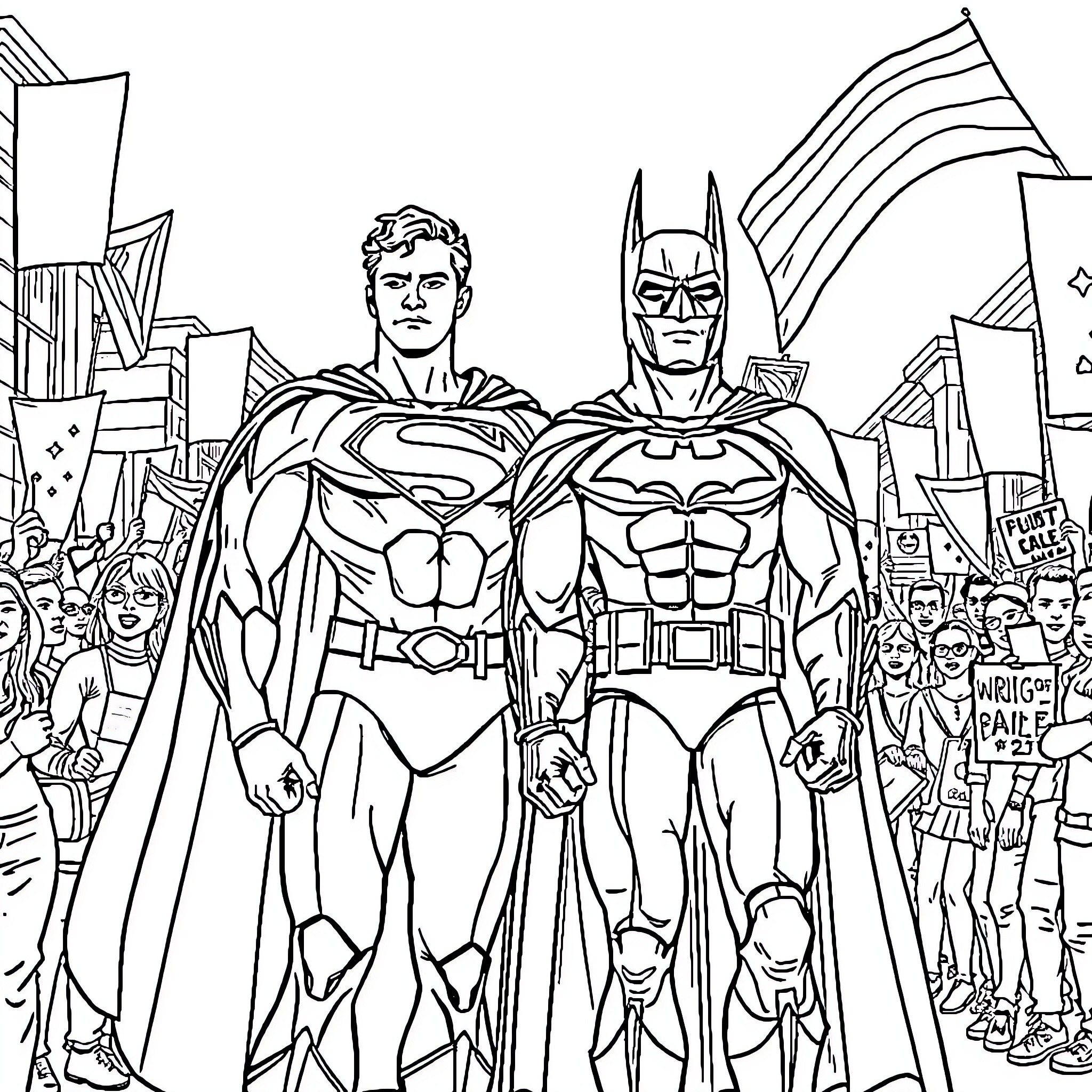 Superman and Batman standing tall in the city Coloring Page (free black-and-white line drawing printable PDF for all, from beginners to advanced learners, including children, teens, adults, and seniors)