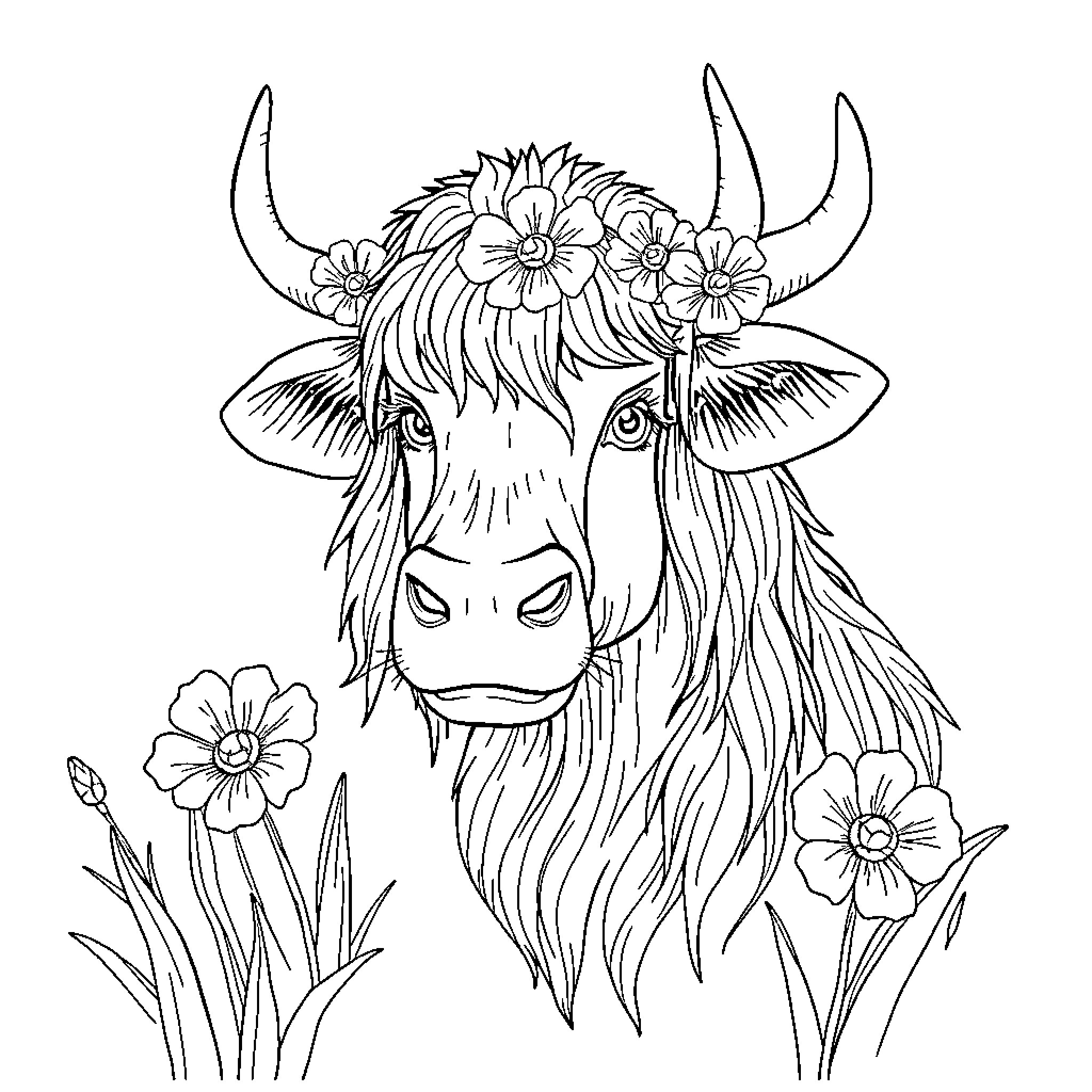 Bible Verse Cow with Floral Crown in Pastoral Scene Coloring Page (free black-and-white line drawing printable PDF for all, from beginners to advanced learners, including children, teens, adults, and seniors)