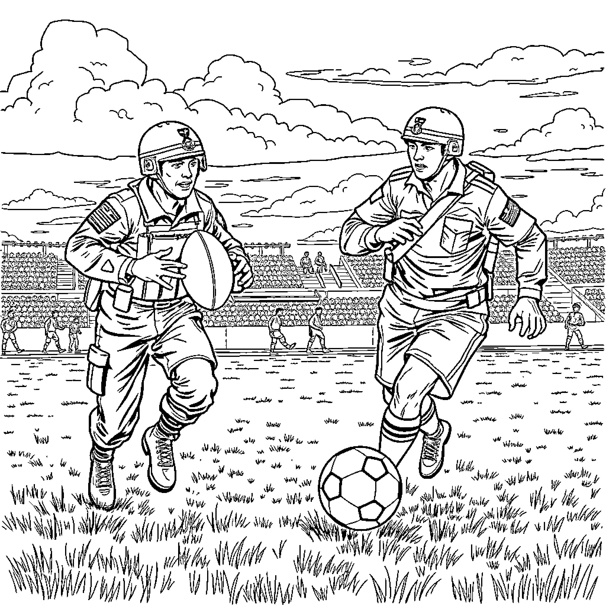 Soldiers playing soccer on the field Coloring Page (free black-and-white line drawing printable PDF for all, from beginners to advanced learners, including children, teens, adults, and seniors)
