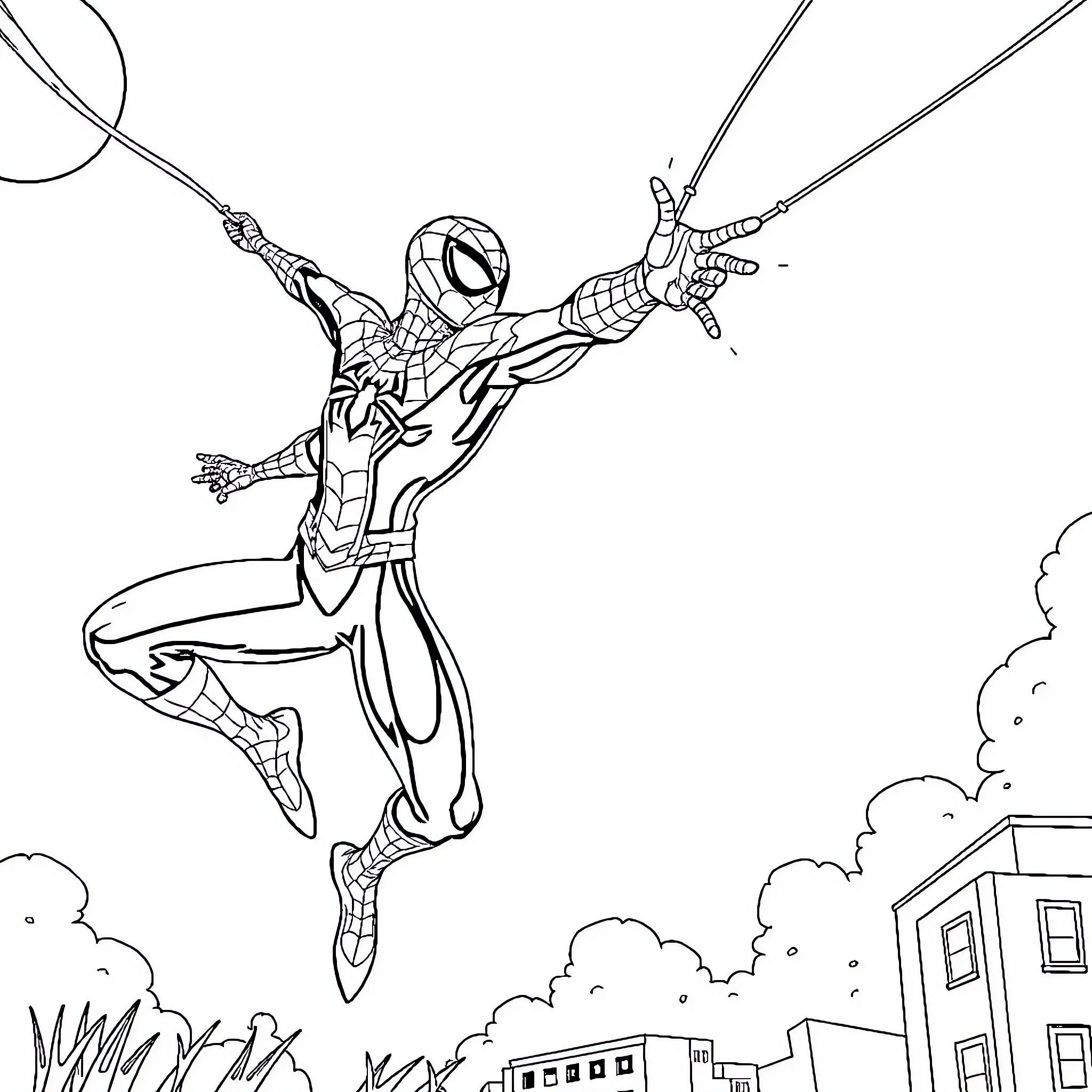 Spiderman swinging heroically through the city Coloring Page (free black-and-white line drawing printable PDF for all, from beginners to advanced learners, including children, teens, adults, and seniors)