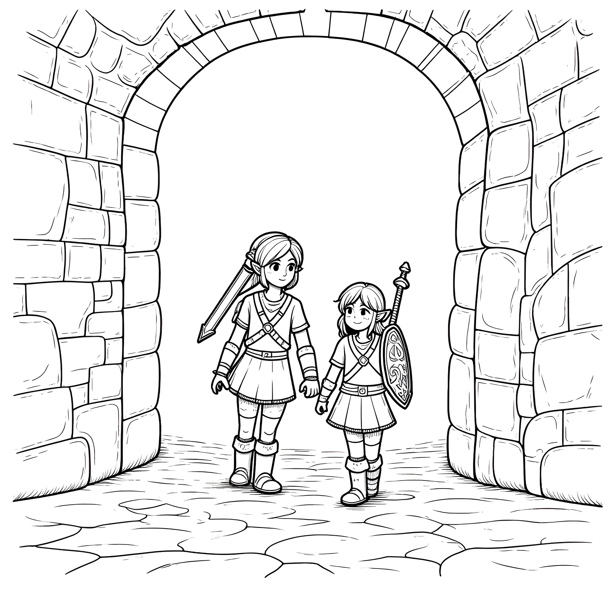 Zelda heroines explore the castle ruins Coloring Page (free black-and-white line drawing printable PDF for all, from beginners to advanced learners, including children, teens, adults, and seniors)