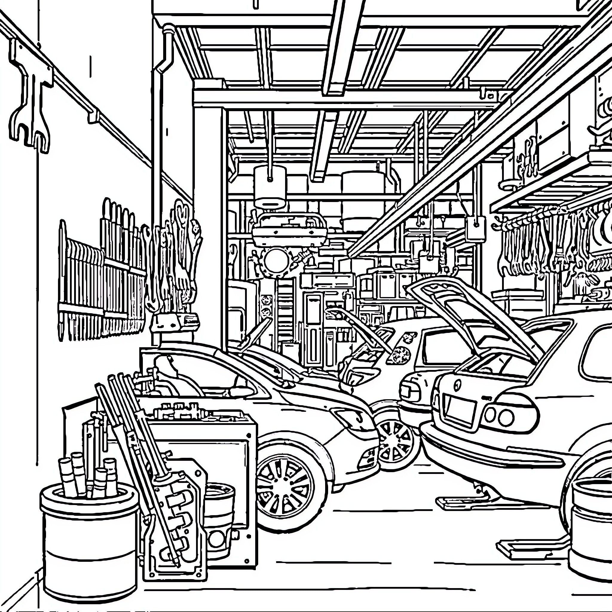 Mechanic's Workshop with Various Tools and Vehicles Coloring Page (free black-and-white line drawing printable PDF for all, from beginners to advanced learners, including children, teens, adults, and seniors)