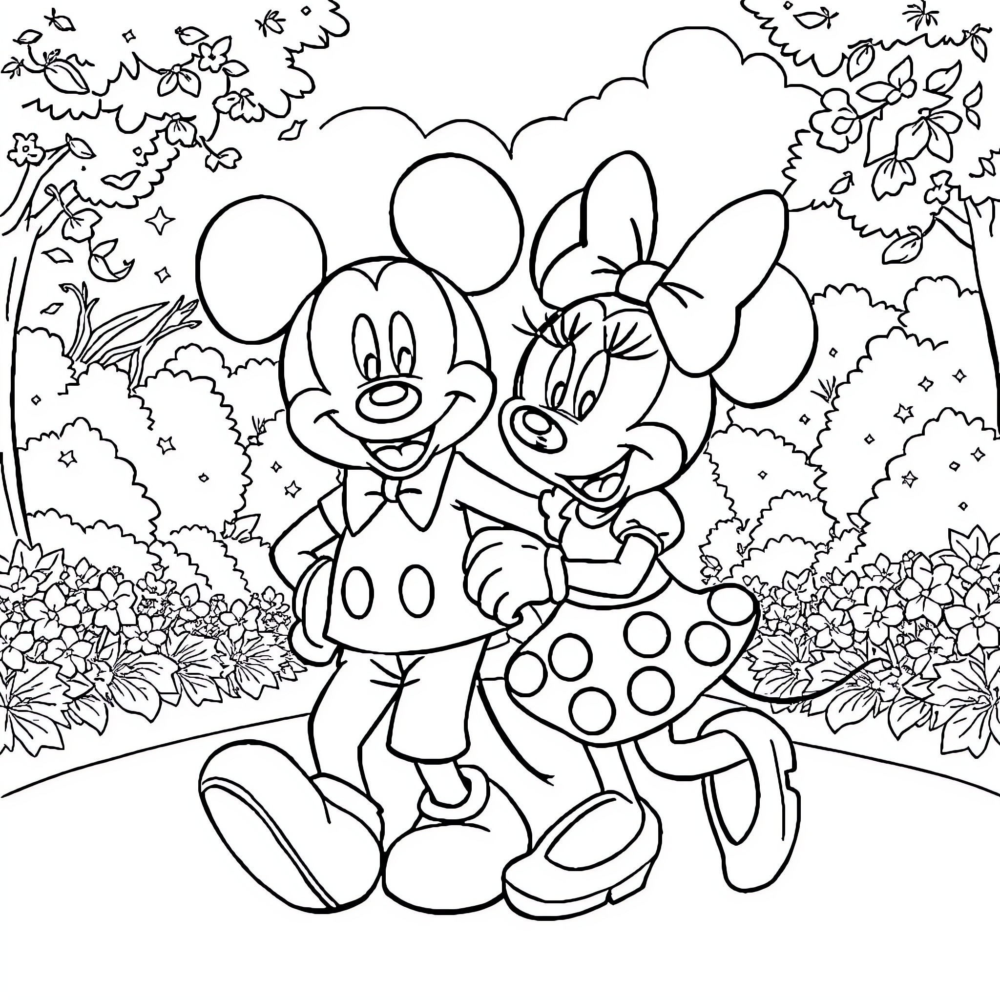 Mickey and Minnie exploring a floral garden Coloring Page (free black-and-white line drawing printable PDF for all, from beginners to advanced learners, including children, teens, adults, and seniors)