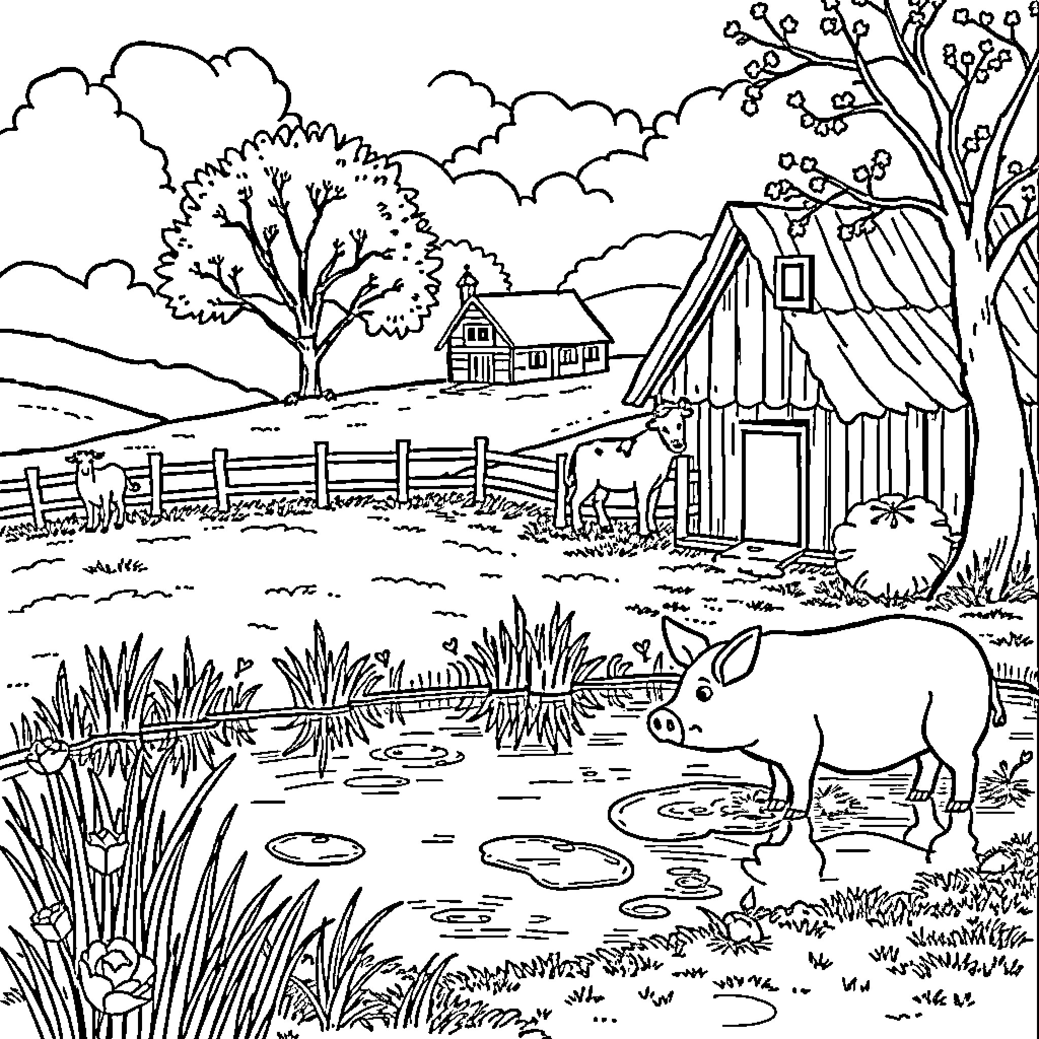 Cochon in a tranquil rural landscape Coloring Page (free black-and-white line drawing printable PDF for all, from beginners to advanced learners, including children, teens, adults, and seniors)