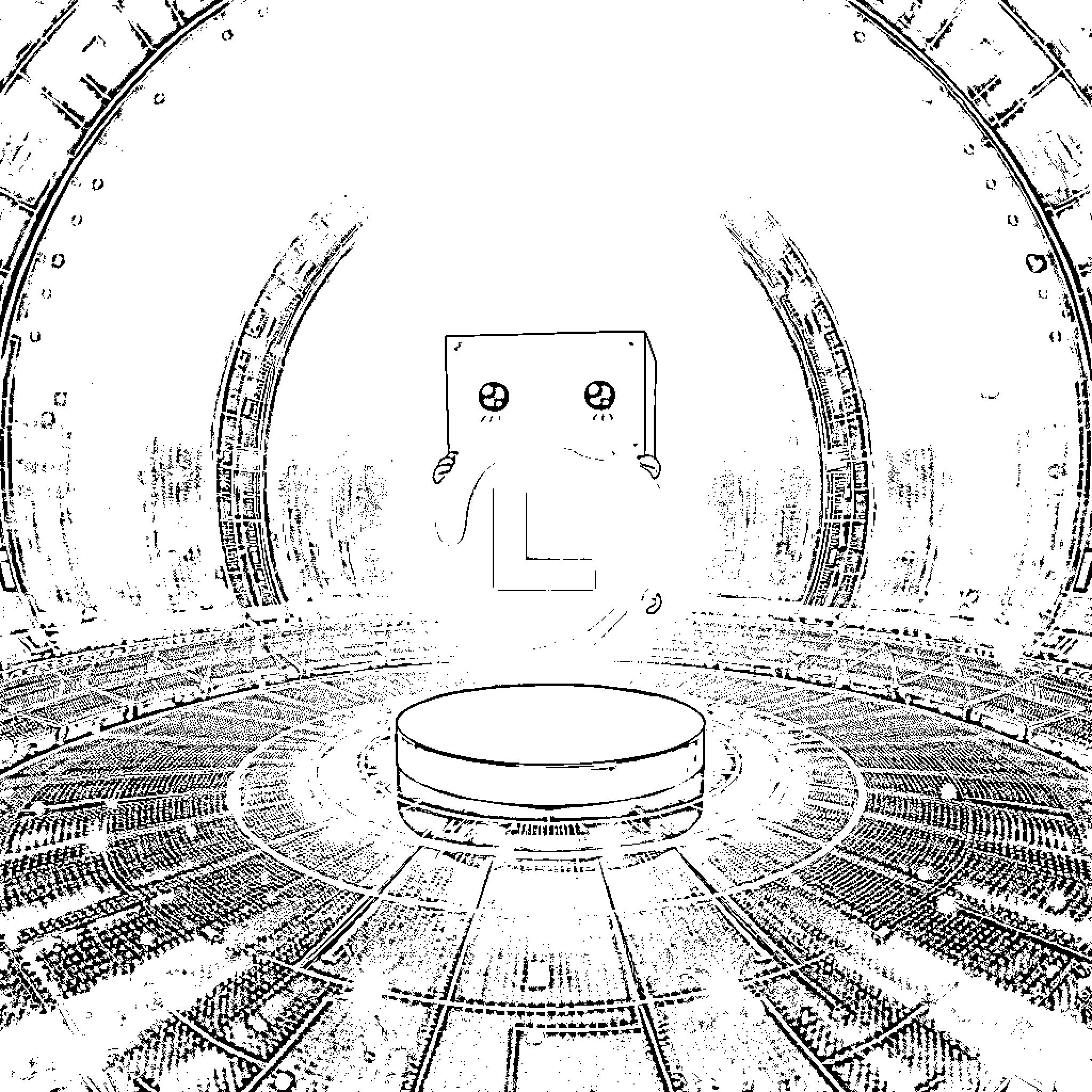 Box-Head Futuristic Space Station Interior Coloring Page (free black-and-white line drawing printable PDF for all, from beginners to advanced learners, including children, teens, adults, and seniors)