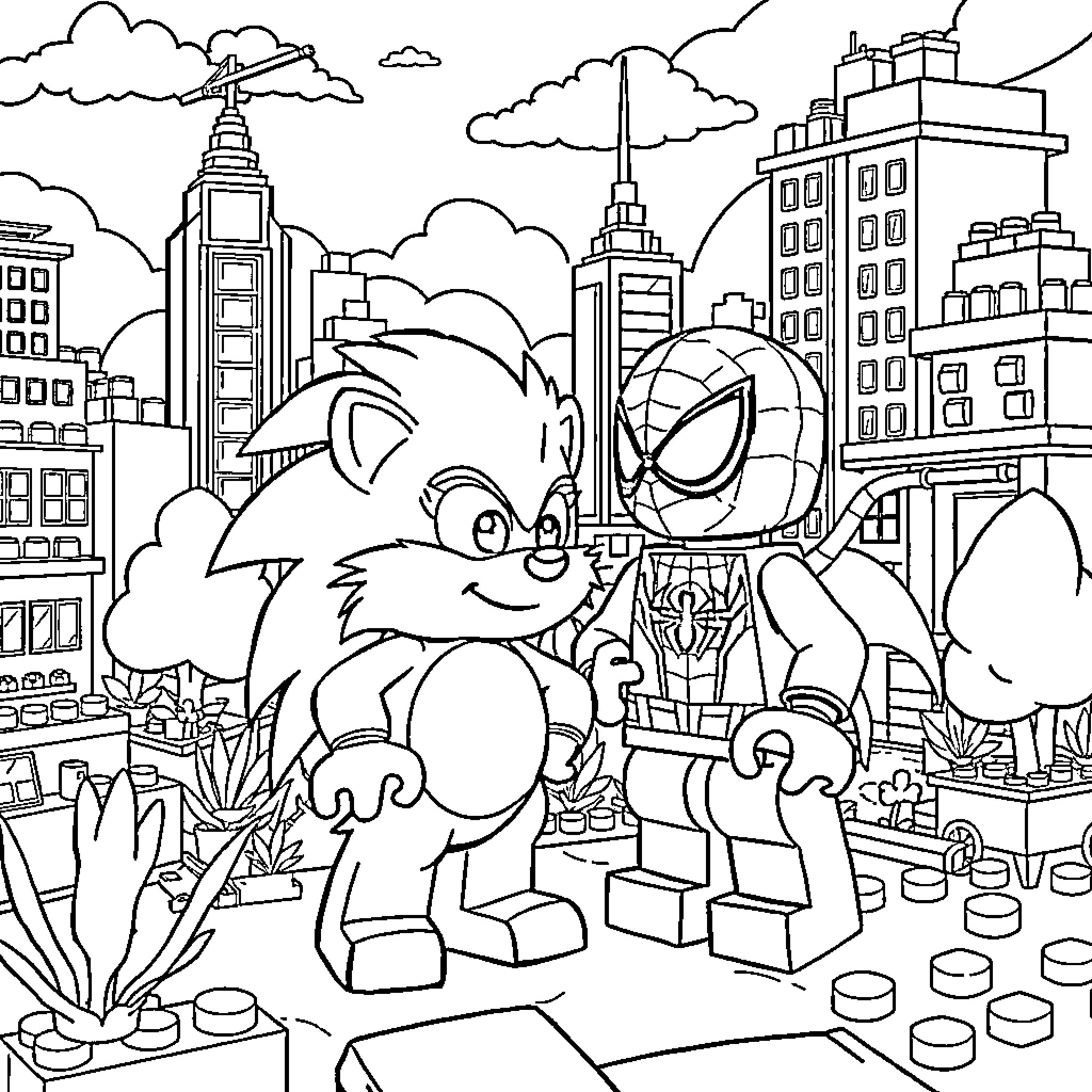 Hedgehog interacts with Superhero in urban cityscape Coloring Page (free black-and-white line drawing printable PDF for all, from beginners to advanced learners, including children, teens, adults, and seniors)