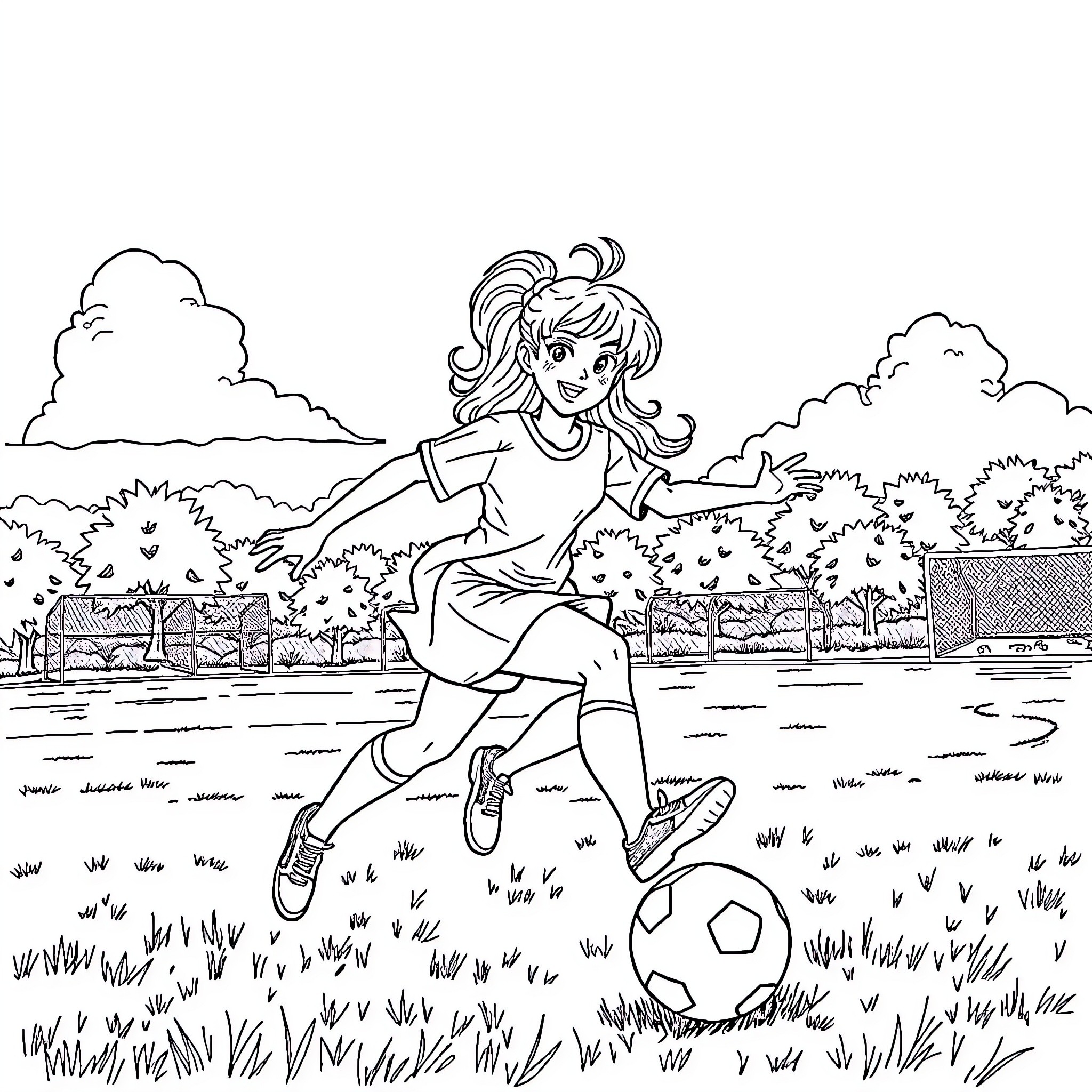Fee Playing Soccer on the Field Coloring Page (free black-and-white line drawing printable PDF for all, from beginners to advanced learners, including children, teens, adults, and seniors)