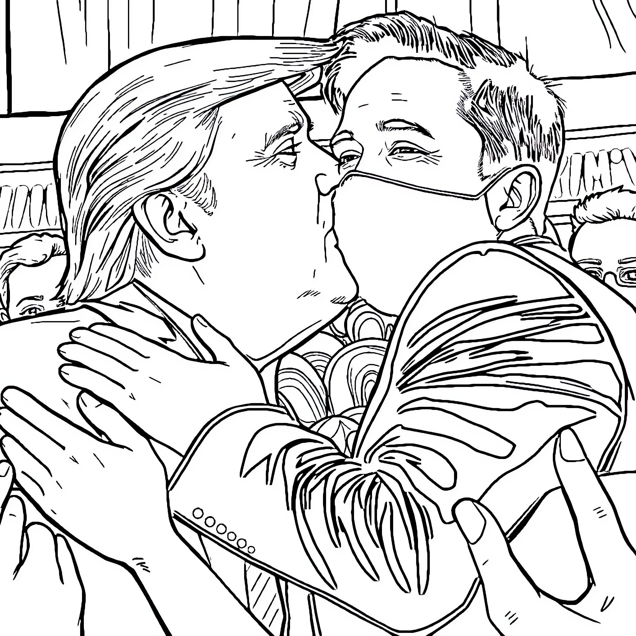 Trump engages in intense interaction with supporter Coloring Page (free black-and-white line drawing printable PDF for all, from beginners to advanced learners, including children, teens, adults, and seniors)