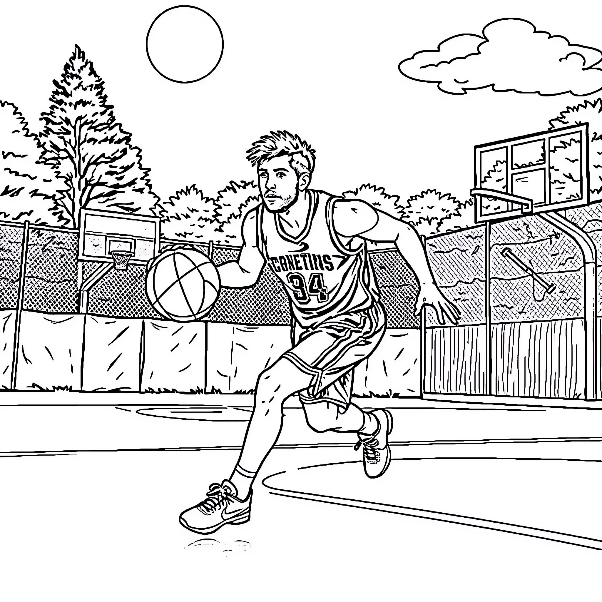 Brock Purdy playing basketball on an outdoor court Coloring Page (free black-and-white line drawing printable PDF for all, from beginners to advanced learners, including children, teens, adults, and seniors)
