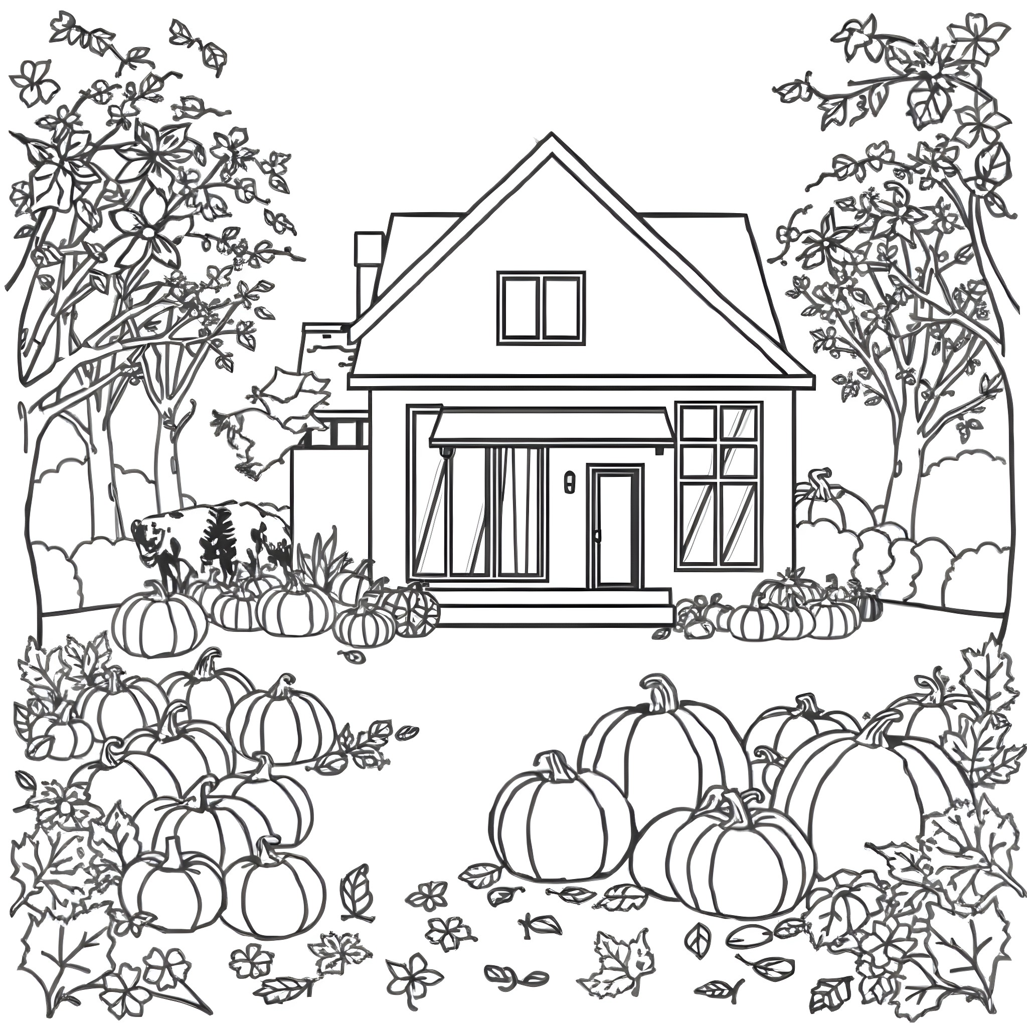 House with pumpkins and flowers in the yard Coloring Page (free black-and-white line drawing printable PDF for all, from beginners to advanced learners, including children, teens, adults, and seniors)