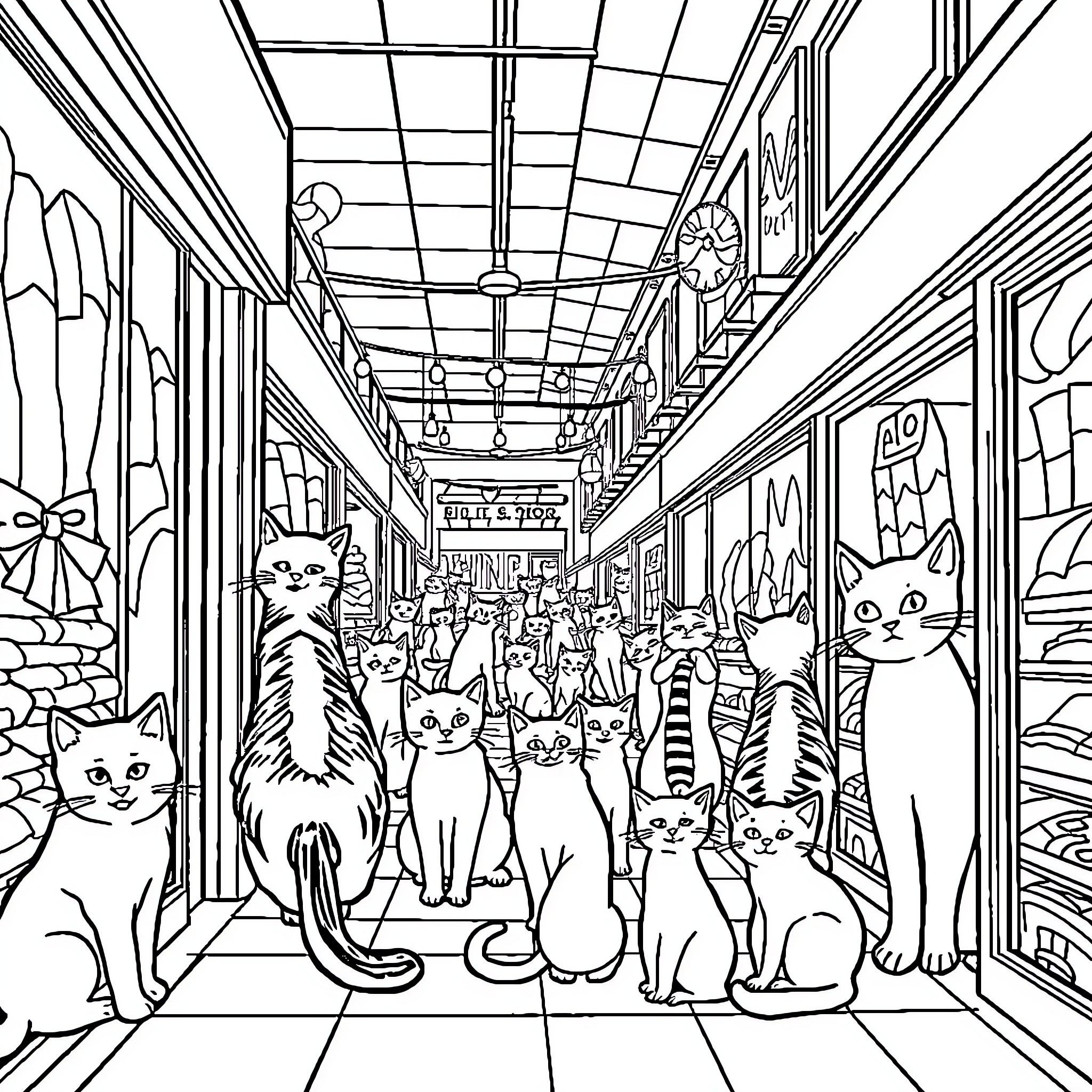 Gato Cats Crowding the Colorful Marketplace Coloring Page (free black-and-white line drawing printable PDF for all, from beginners to advanced learners, including children, teens, adults, and seniors)