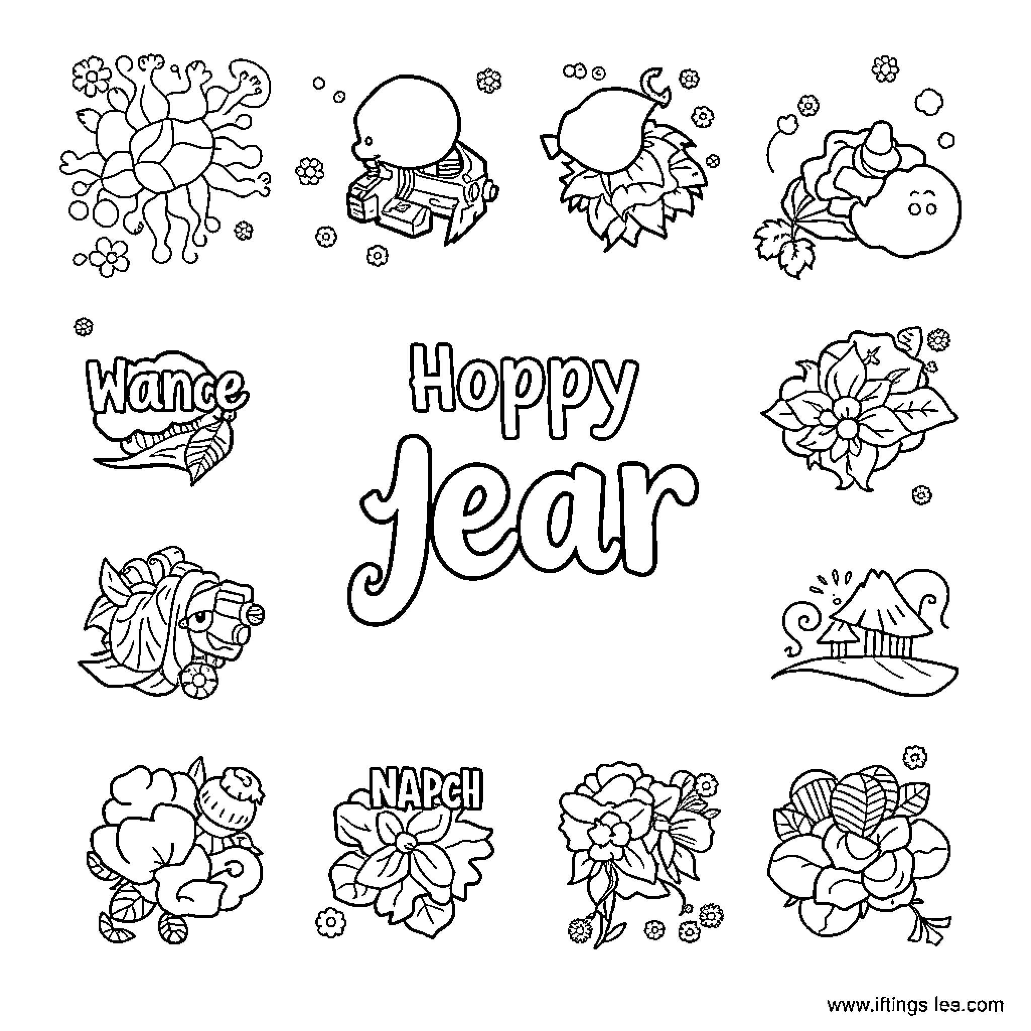 Month of Hoppy Year and Festive Celebrations Coloring Page (free black-and-white line drawing printable PDF for all, from beginners to advanced learners, including children, teens, adults, and seniors)