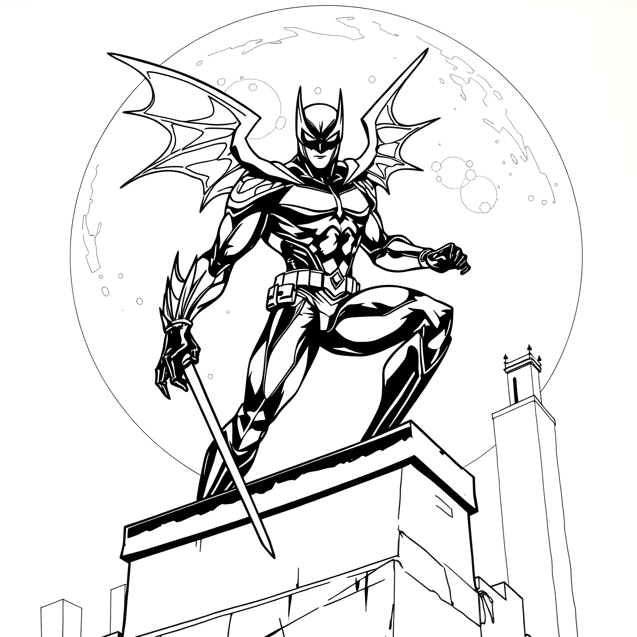 Moonwing's Heroic Leap Through the Cityscape Coloring Page (free black-and-white line drawing printable PDF for all, from beginners to advanced learners, including children, teens, adults, and seniors)