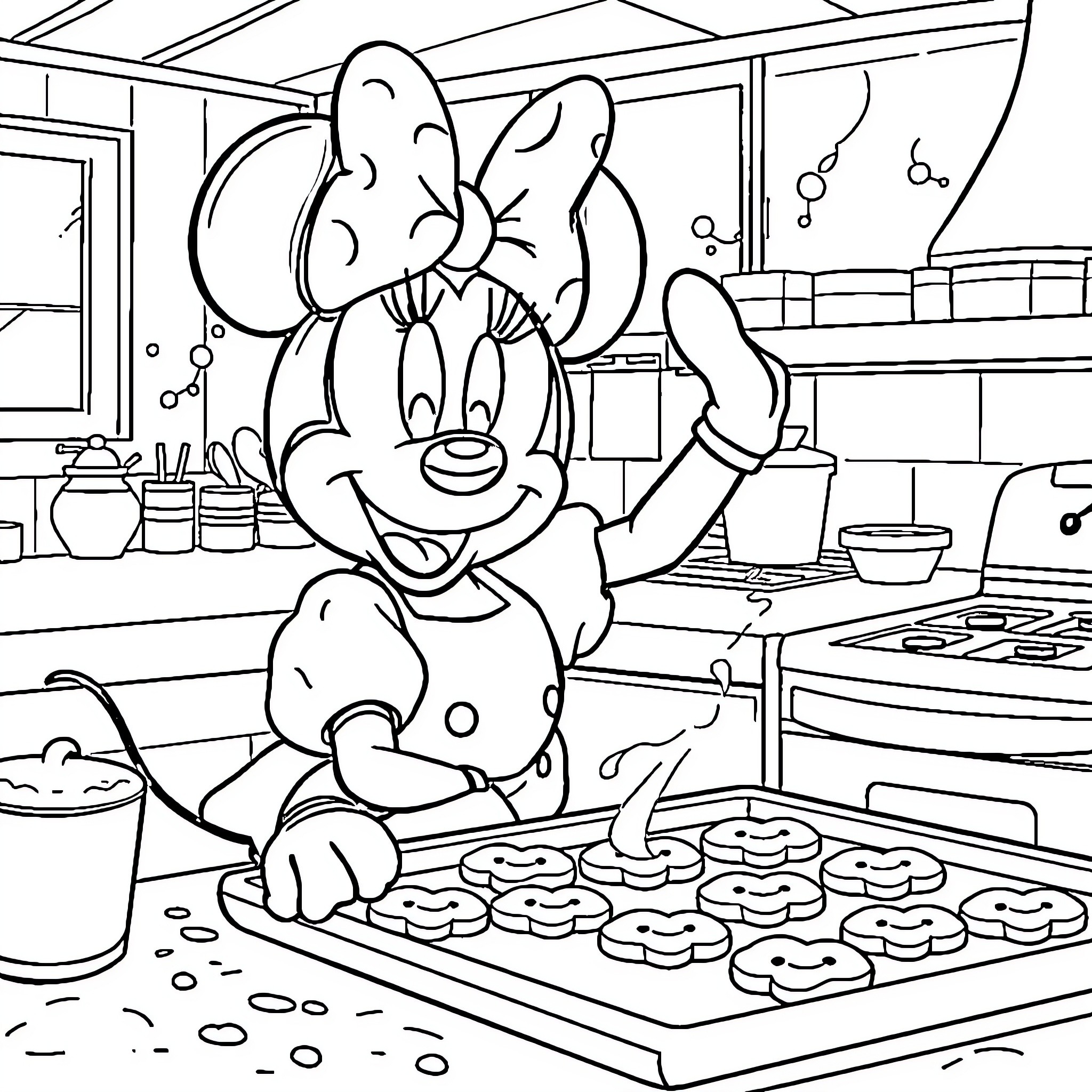 Minnie Mouse Baking Cookies in the Kitchen Coloring Page (free black-and-white line drawing printable PDF for all, from beginners to advanced learners, including children, teens, adults, and seniors)