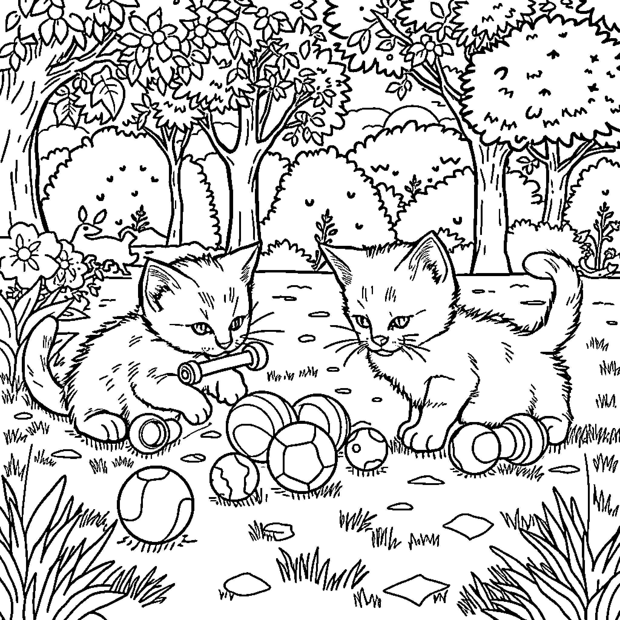 Kittens playing with toys in the forest Coloring Page (free black-and-white line drawing printable PDF for all, from beginners to advanced learners, including children, teens, adults, and seniors)