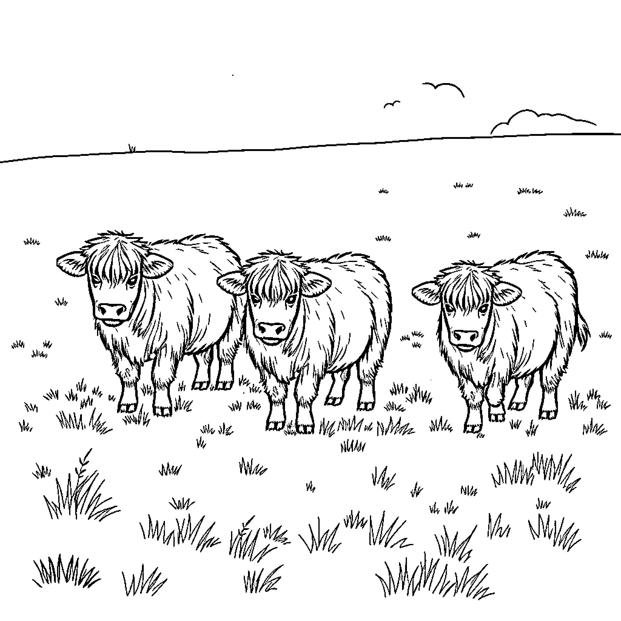 Highland Cows Grazing Peacefully in the Meadow Coloring Page (free black-and-white line drawing printable PDF for all, from beginners to advanced learners, including children, teens, adults, and seniors)