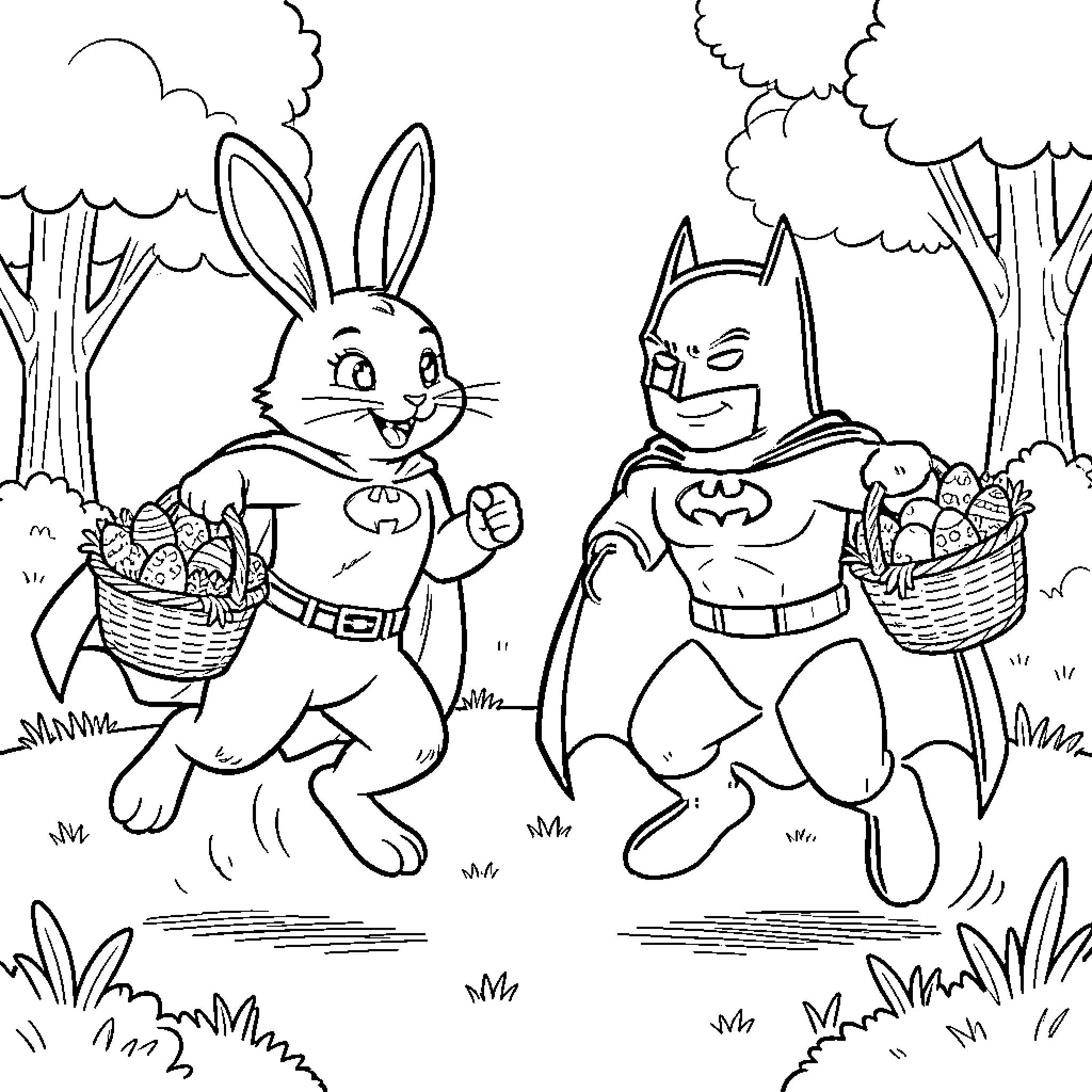 Robin and Batman helping to collect Easter eggs in the forest Coloring Page (free black-and-white line drawing printable PDF for all, from beginners to advanced learners, including children, teens, adults, and seniors)